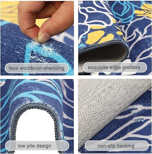 Miniatura 2 de Homcomoda Alfombras florales con respaldo de goma 2 x 6 pulgadas antideslizantes color azul alfombra lavable de lana sintética para pasillo