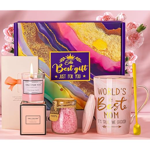 Mom Christmas Gifts for Mom from Daughter Son, Worlds Best Mum Mug, Scented Candle, Bath Salts, Relaxing Spa Bath Set, Birthday Gift Basket for Mother, Funny Mothers Presents for Mama, Nice Gift Boxed