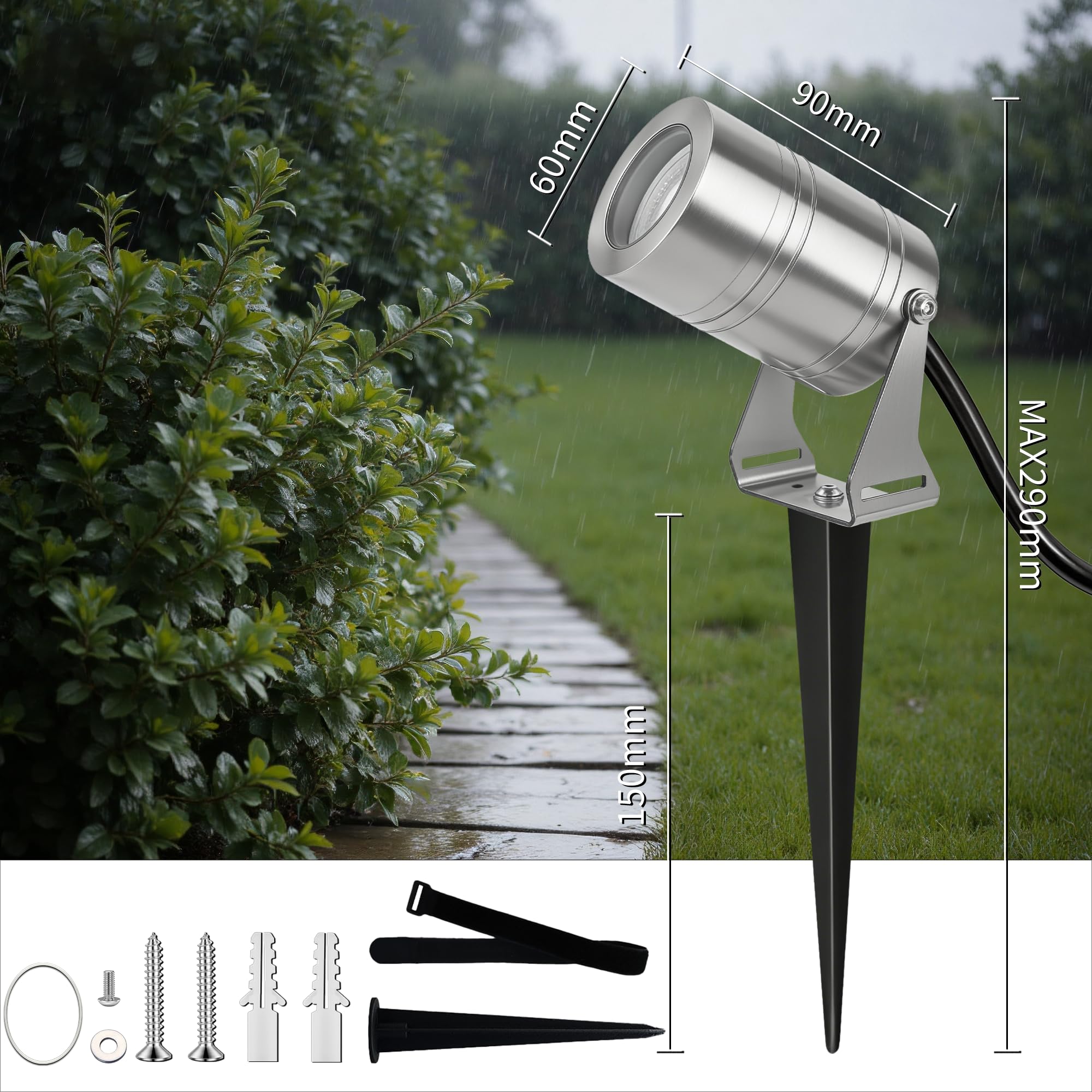JNR Reflektor ogrodowy LED ze stali nierdzewnej IP65 5W GU10 3000K ciepła biel kabel 2m