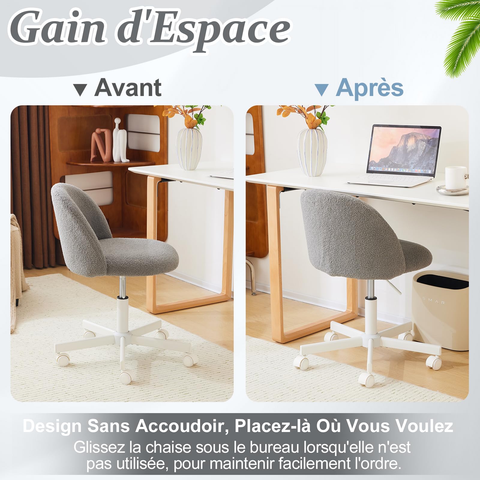 Bonnlo Chaise de Bureau Mignonne sans Accoudoirs, Petite Chaise Confortable, Fauteuil de Coiffeuse avec Support Lombaire, Chaise Pivotante Réglable pour Bureau, Chambre, en Teddy (Gris)