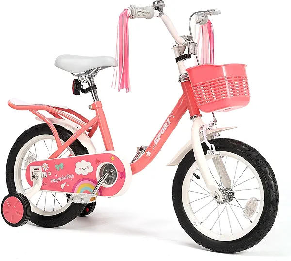 14Inch Kids Bike for Girls Boys with Handbrake 14" Children Princess Bicycle with Training Wheels Basket Streamer Toddler Cycle Bike Rider 37 to 42 Inch - Pink