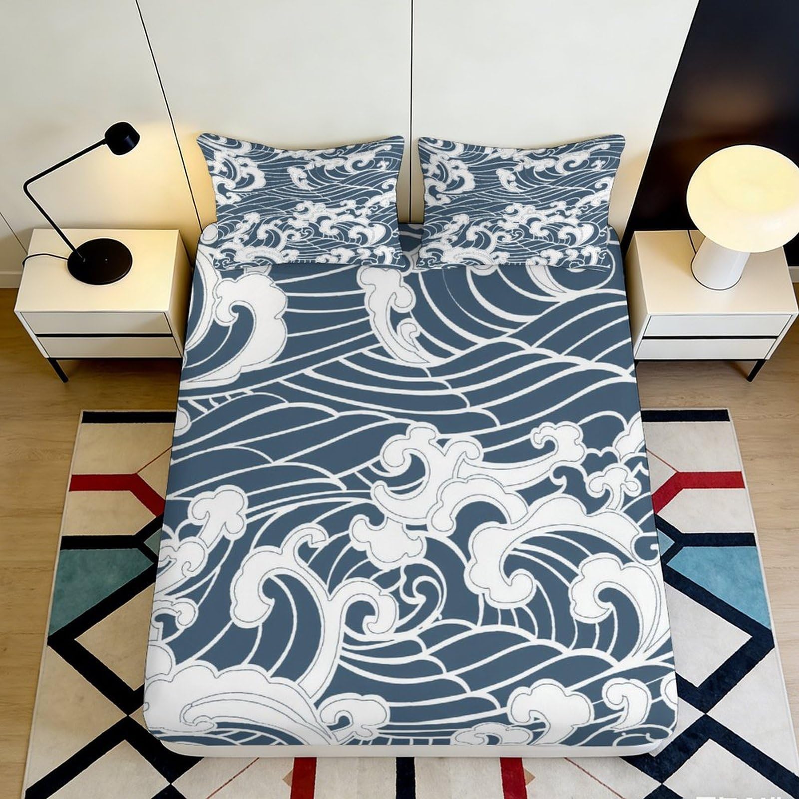 3D Printed Ocean Waves Fitted Sheet Microfiber Soft Breathable Japanese Wave Mattress Cover for Bedroom Dorm Decoration 90x200x25cm