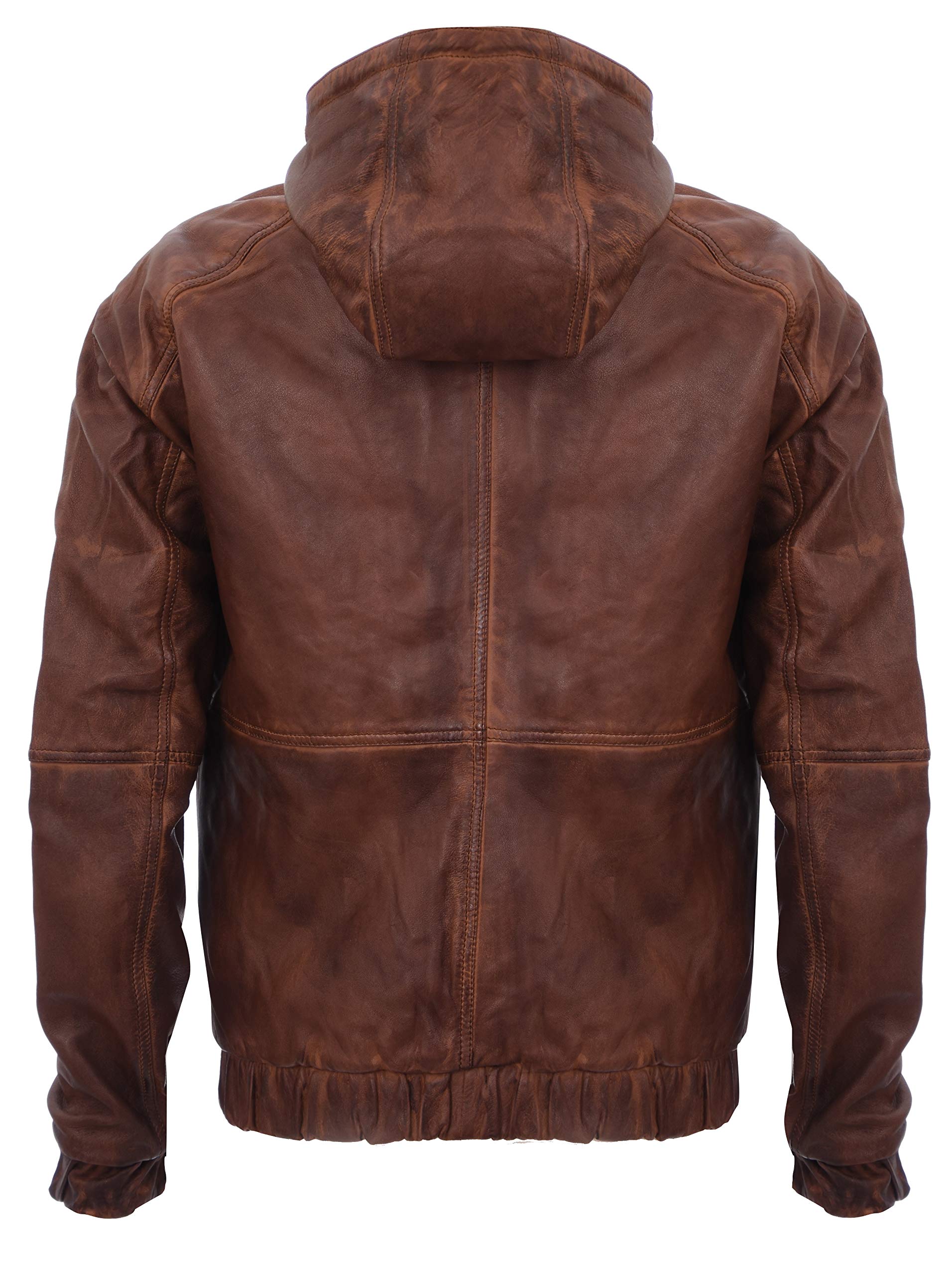 Infinity Leather Chaqueta Motera de Cuero con Capucha de Marrón Oscuro y Capucha de los Hombres.
