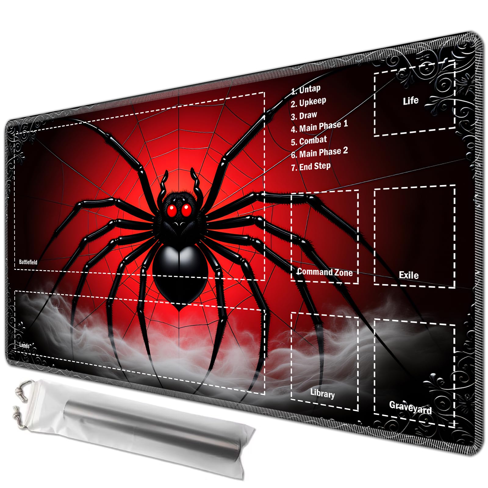 JANENFNA Playmat 27.5" x 15.7" with Magic Zones for MTG Card Game Playing, Board Game Mat for Card Breaking Commander Deck Gaming Card Game Battles Mat with Storage Bags, Red Spider