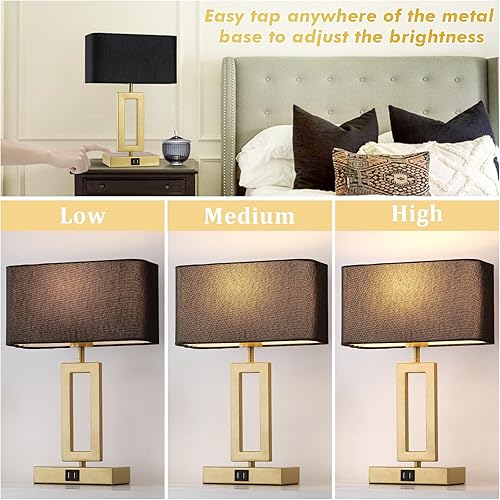 Miniatura 2 de Juego de 2 lámparas de mesa negras con dos puertos USB, lámparas de noche regulables de 3 vías con control táctil, lámpara de mesa moderna para