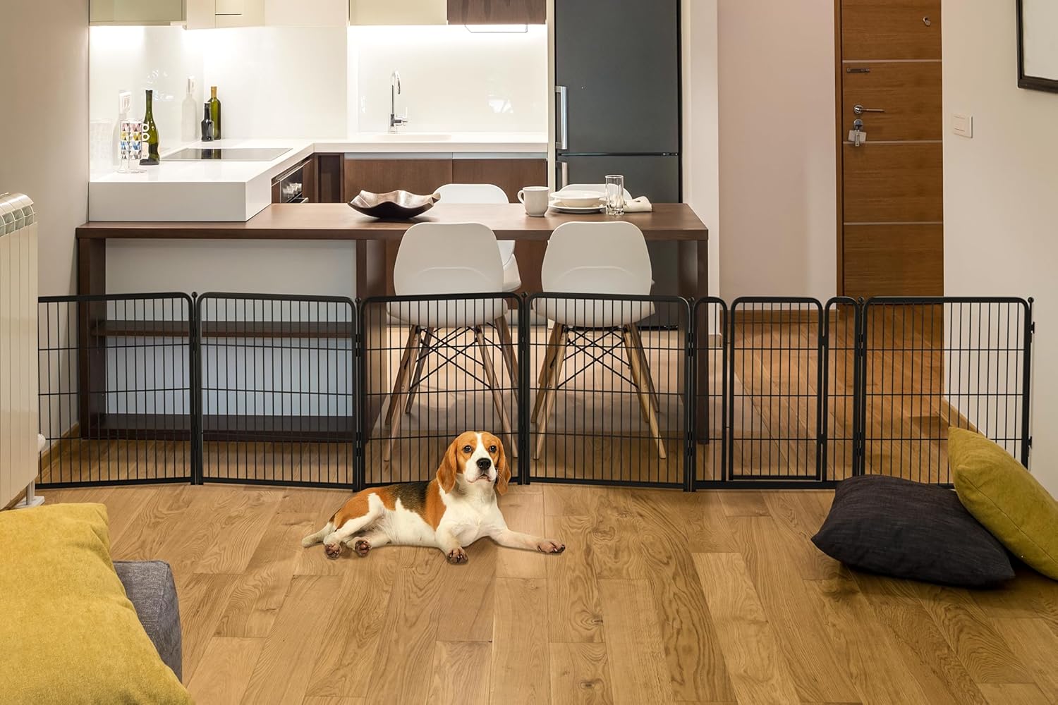 FXW Dog Gate Extra Wide Designed for Indoor Use, Adjustable Width Up to 165-inch Wide (32" H 6 Wire Panels for Small and Medium Dogs), Black