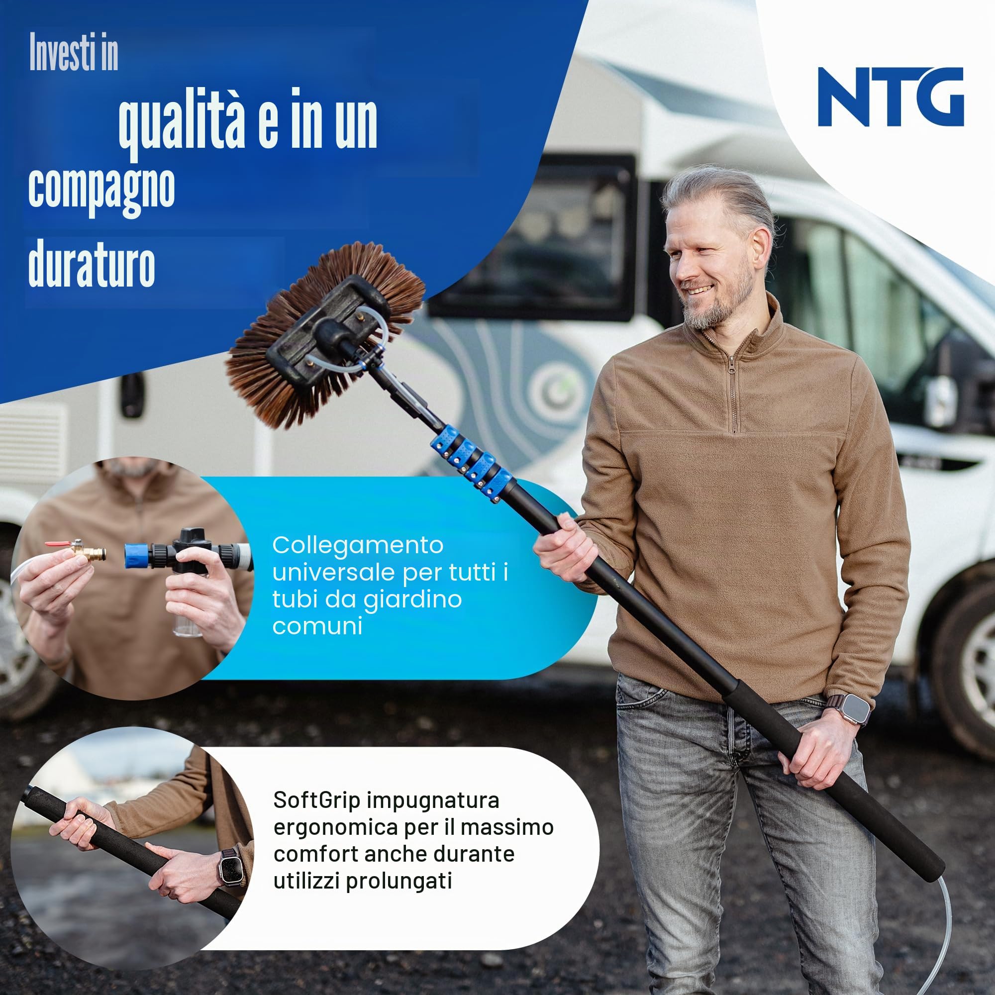 NTG Spazzola telescopica 1,68 – 7 m 3 in 1 con setole morbide + panno microfibra e estrattore acqua + dispenser sapone finestre, solare (fino a 4,6 m)