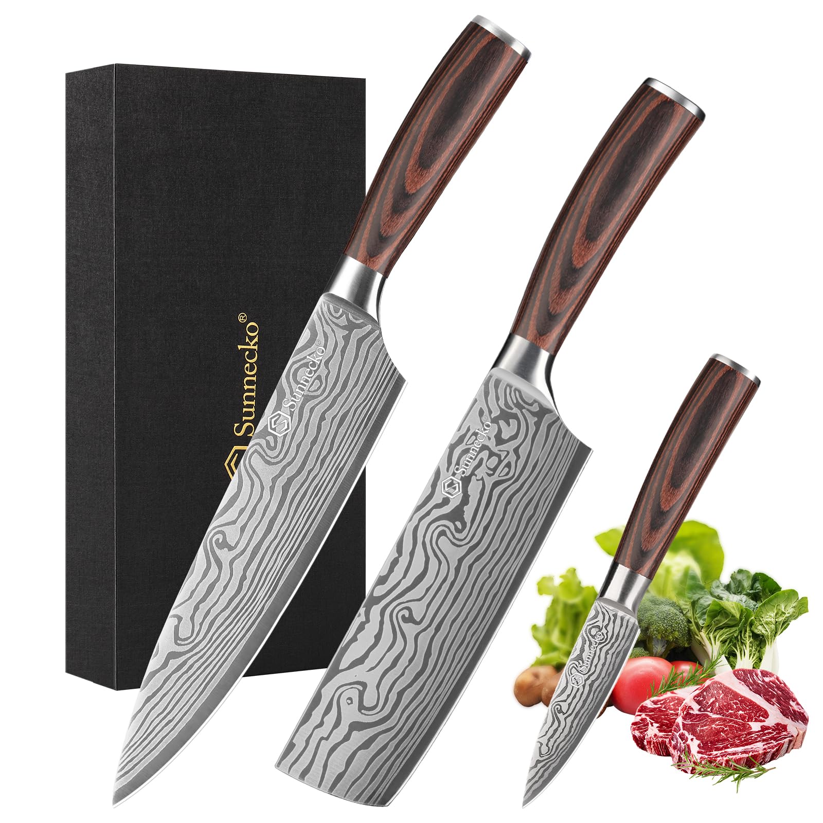 Sunnecko Küchenmesser Set 3 Teilig, Profi Messer Scharfe Edelstahl Kochmesser, 20cm Chefmesser, 17cm Hackmesser & 9cm Schälmesser, Ultra Scharfes Messerset für Küche