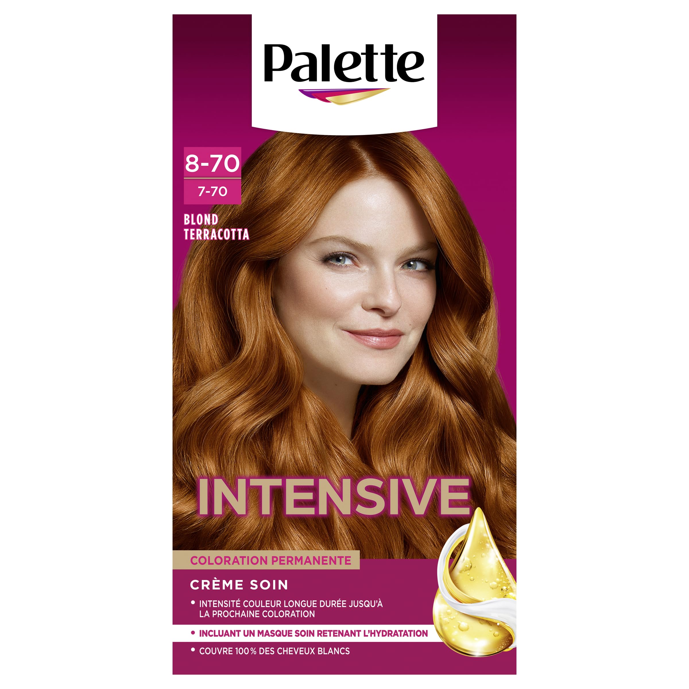 Palette, coloration permanente creme soin, couverture 100% cheveux blancs, couleur longue duree jusqu’a la prochaine coloration, 8.7 (7.7) blond terracotta
