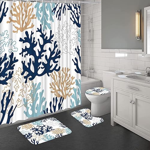 Miniatura 41 de Yizheer Juego de cortinas de ducha geométricas rojas con alfombras antideslizantes, cubierta de tapa de inodoro y tapete de baño, juego