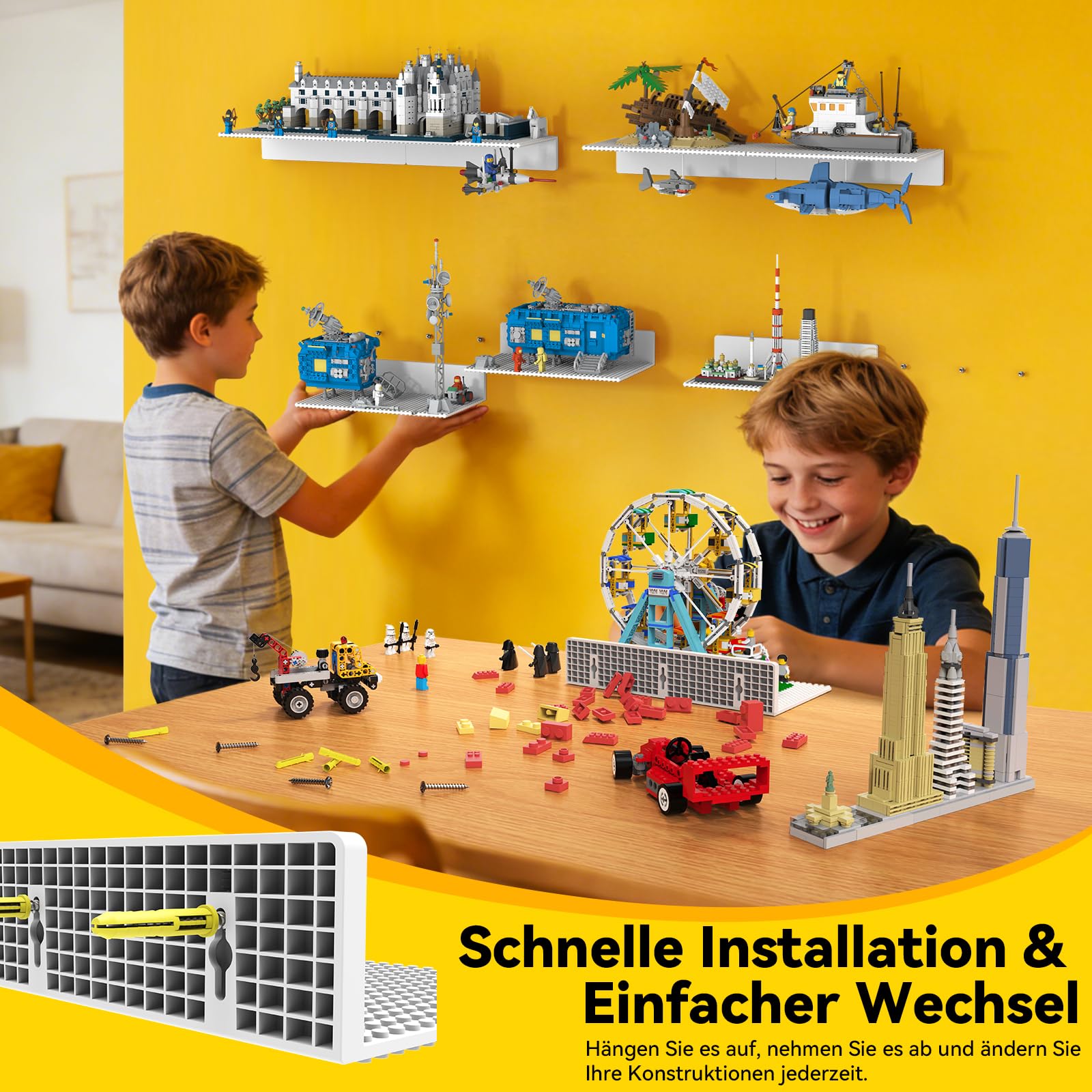 4er-Set Wandregal Bausteine Regal Groß, ABS Schweberegal & Wandboards | 28,7x16cm mit beidseitig 36x20 Noppen, Vitrine & Display für Baustein, Weiß