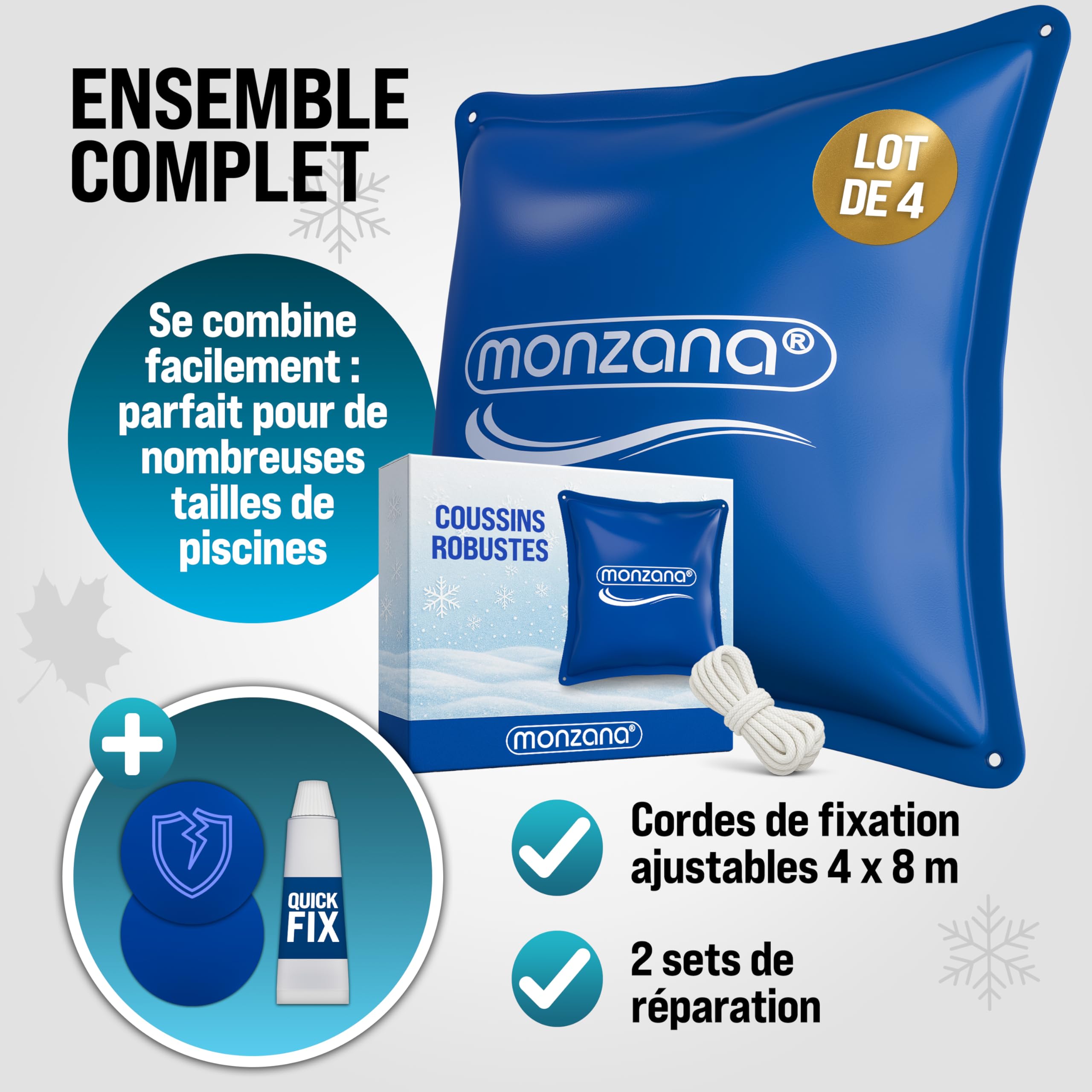 MONZANA® 4X Coussin de Piscine hivernage XL Corde PVC -20°C Double Couture 4 Oeillets Coussin Gonflable Oreiller Piscine Coussin Flottant Valve air | corde, double couture, 4 œillets, coussin gonflable, flottant, ballon, 120x120cm, eau chlorée, 0,44mm, ne