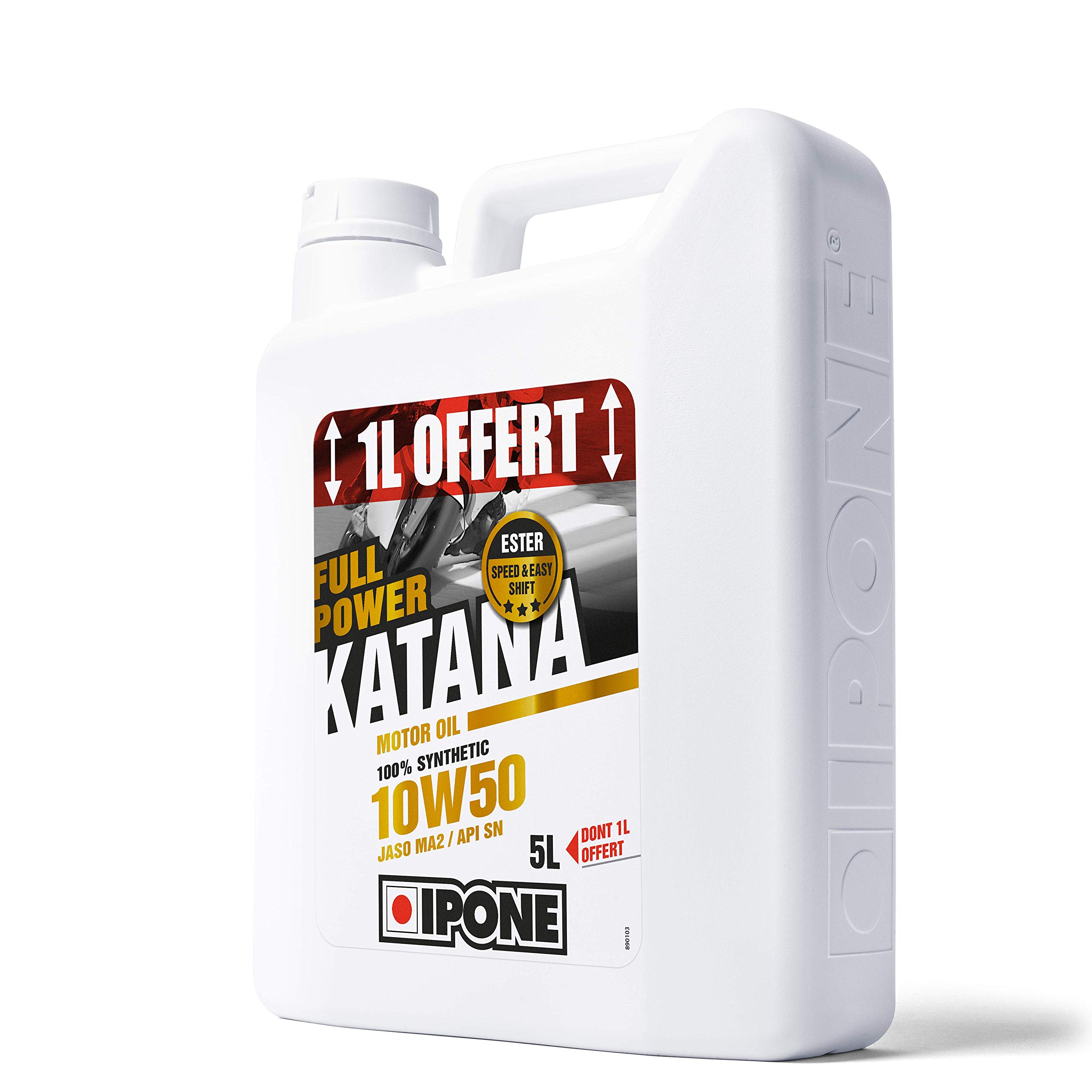 IPONE - Aceite Motor Moto 4 Tiempos 10W50 Full Power Katana - Lubricante 100% Sintético con Ésteres - Alto Rendimiento - Cambio de Velocidad Más Fluido - Bidón 4 Litros + 1 Litro Ofrecido