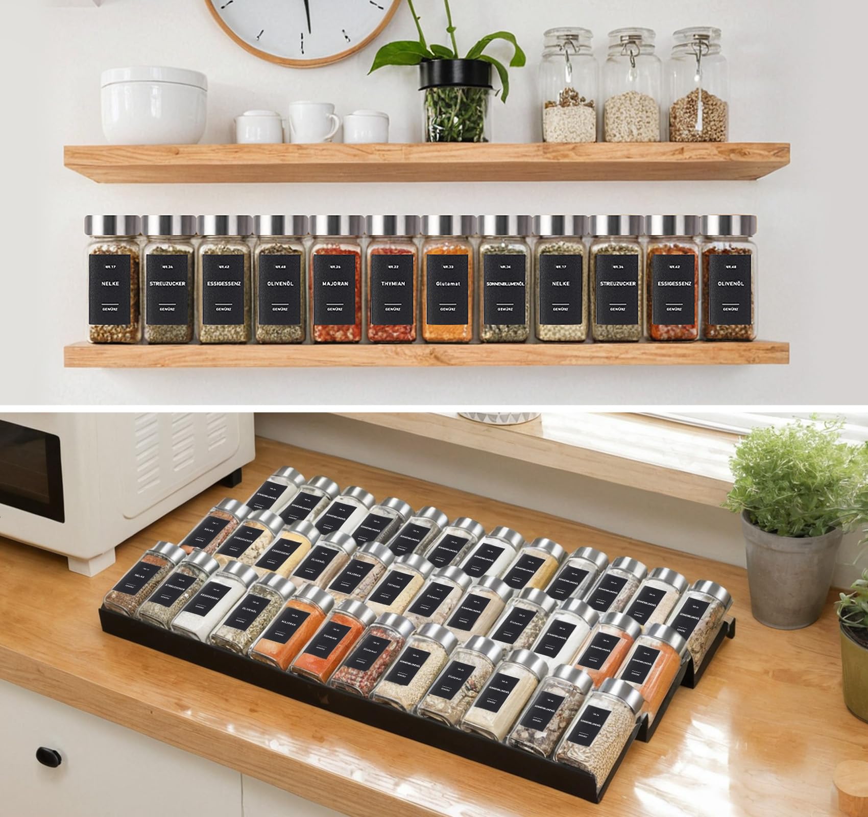 72er Set Eckige Gewürzgläser 120ml mit 18er Gewürzregal Schublade Einsatz für Ordnung in der Gewürzschublade, Gewürzdosen mit Luftdichte Edelstahl Deckel, inkl. 900 Etiketten & Zubehör
