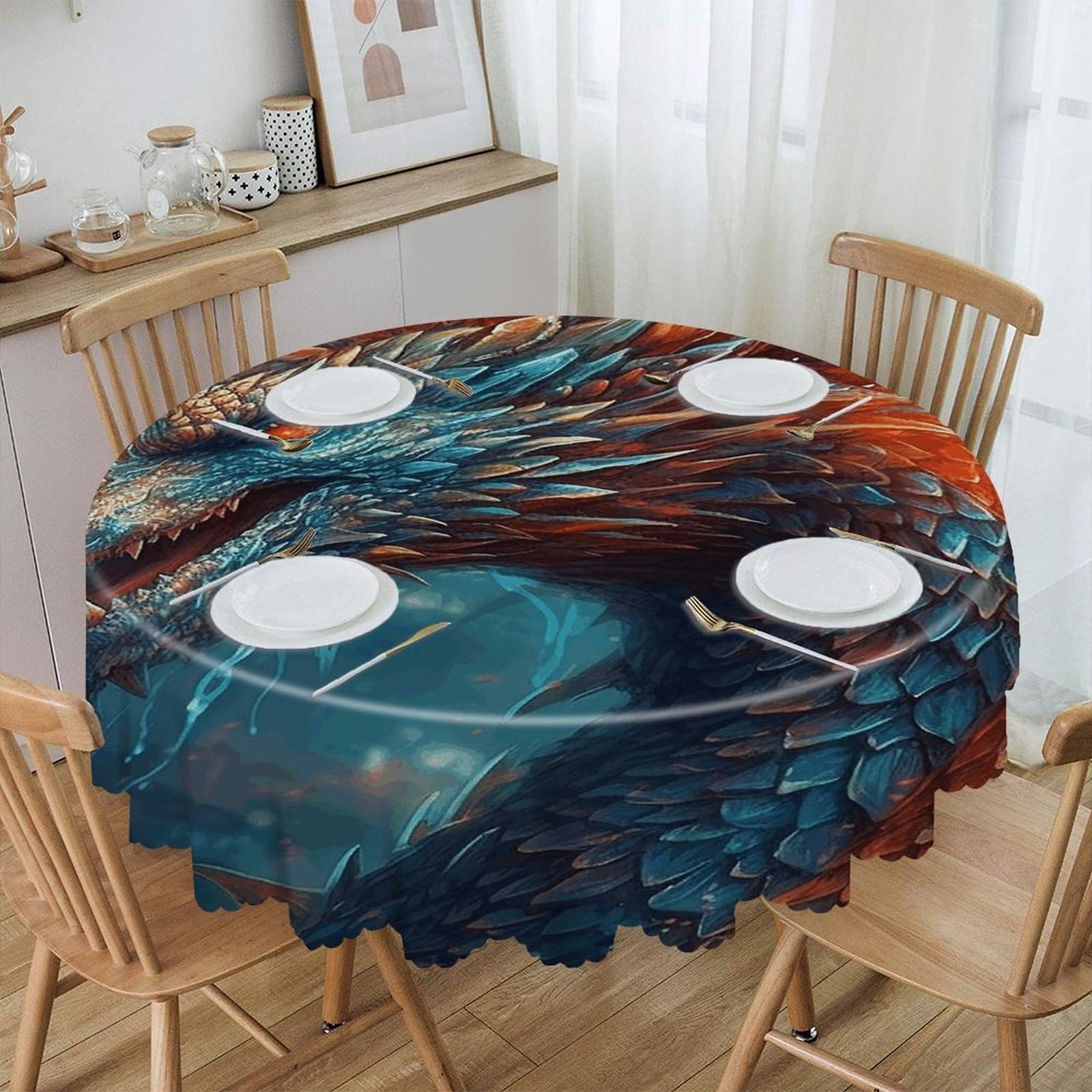 VstaDank Dragon Art Round Tablecloth Premium Polyester Table Cloth Heavy Duty Washable Fabric Tablecloth Waterproof Holiday Table Cover Decorative Tablecloths for Dining 60"