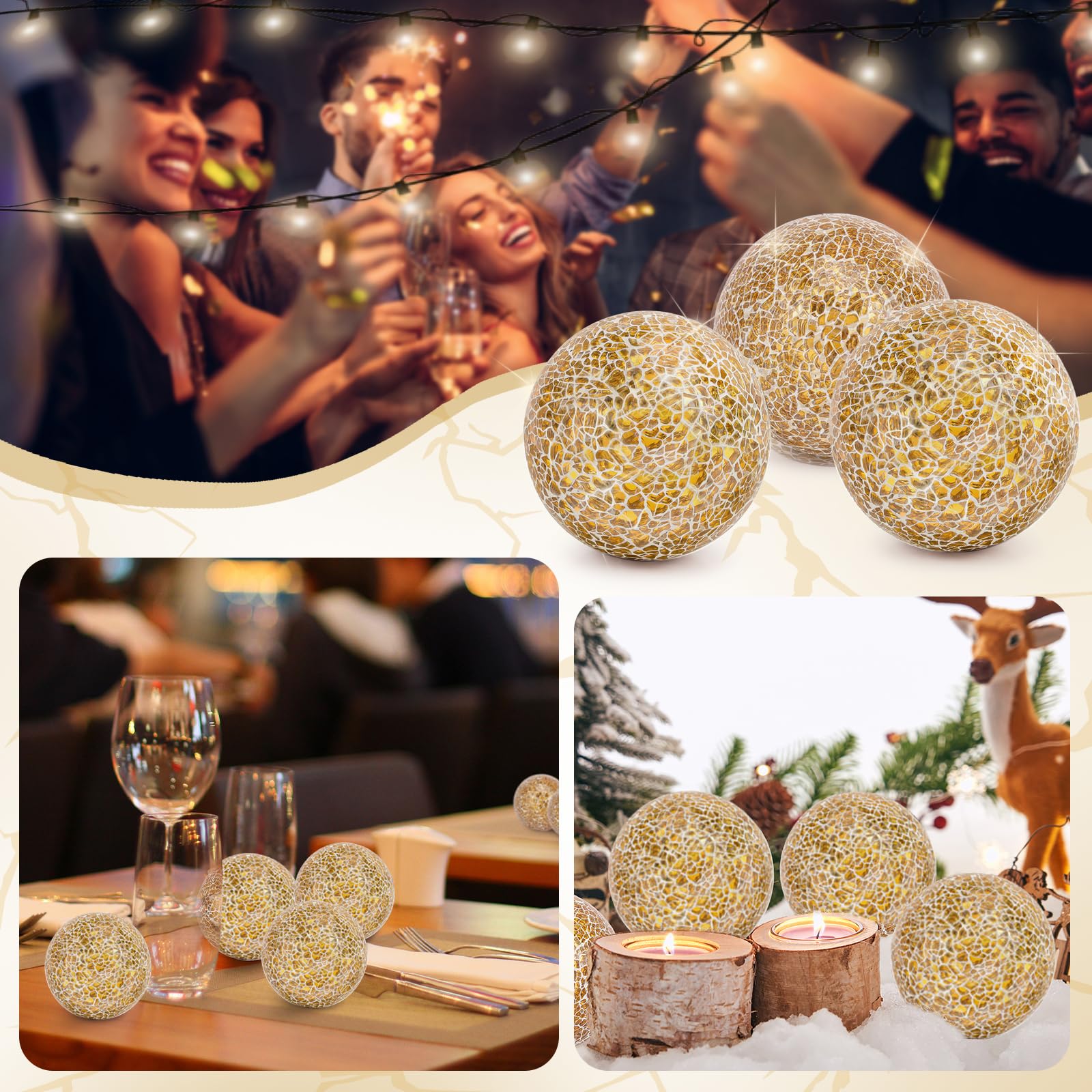 3Pcs Mosaico Sfera di Vetro 8cm Rotondo Crackl Orbs per Ciotole Vasi Tavolo da pranzo Centrotavola Decorazione della Casa - Oro