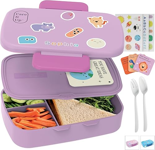 Miniatura 1 de Lonchera Bento para niños y niñas con juego de cubiertos, hojas de calcomanías (más de 5 años), caja de almuerzo de 3 compartimentos a prueba de