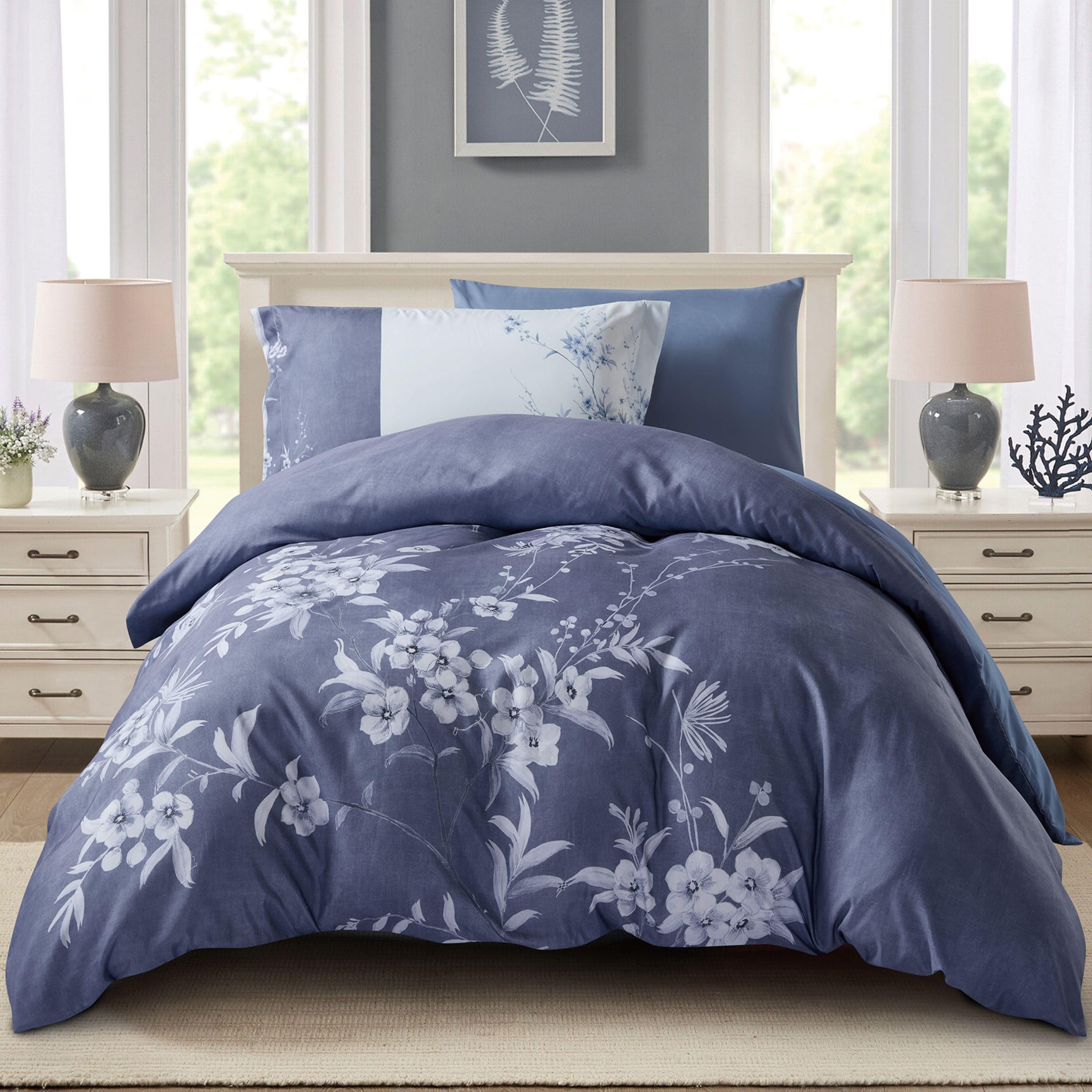 DONETELLA Duvet Cover Set 4-Piece Digital Printed Bedding Set, Queen Size – Includes 1 Duvet Cover, 1 Fitted Sheet, 1 Pillow Shams, 1 Pillowcases (Filler Not Include) Mist Blue QUEEN (150x200 cm)