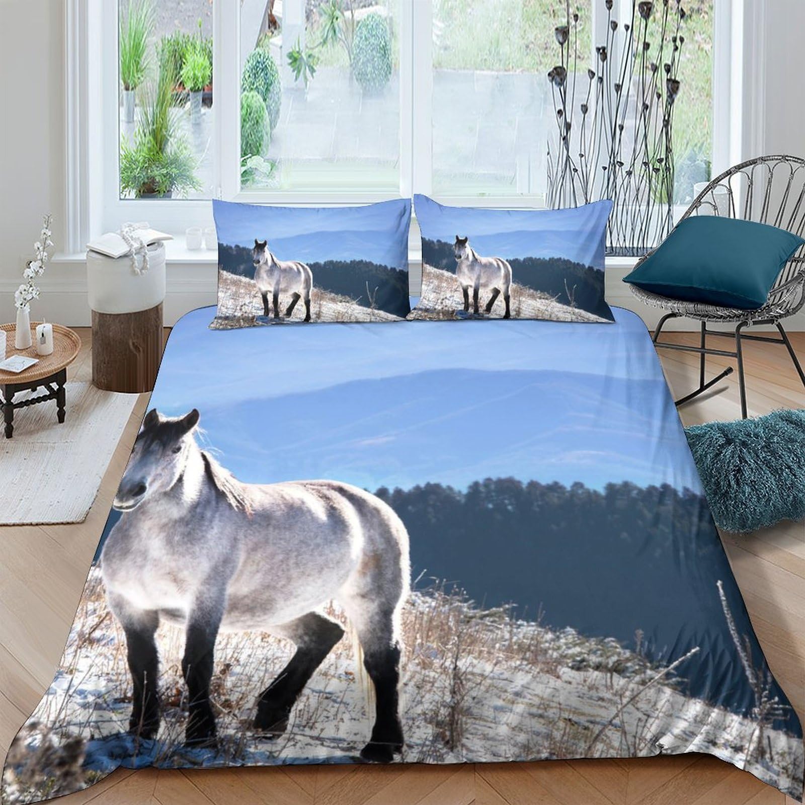 GPLZQXKJNH 3D Printed White Horse Landscape Duvet Cover Microfiber Soft Breathable Mountain Meadow Bedding Set with 2 Pillowcases for Bedroom Home Decor Single（135x200cm）