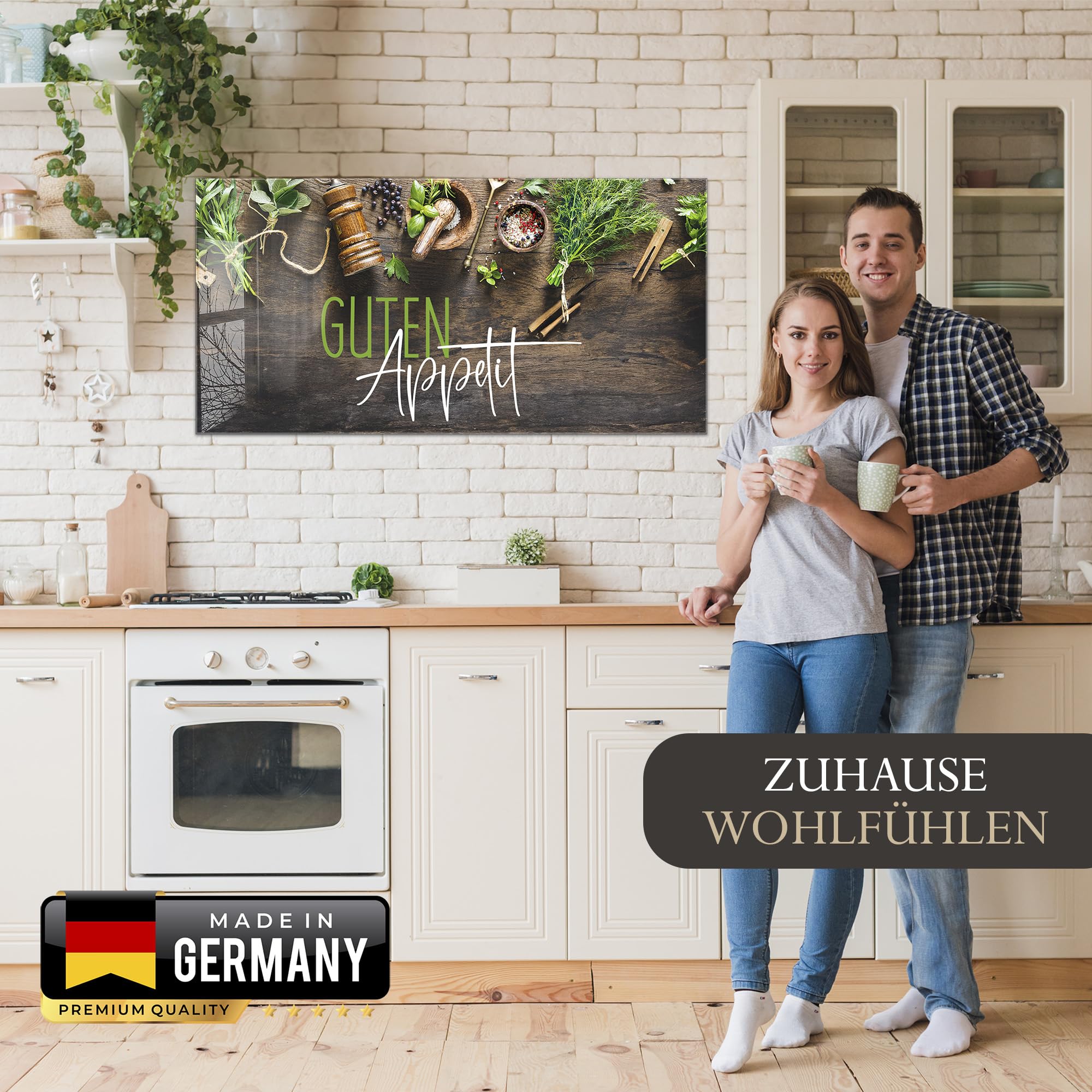 timalo Küchenbild aus Acrylglas modernes Wandbild Glasbild Deko Küche XXL Acryl-Bild wie Glas | 100x50cm Kräuter& Gewürze auf rustikalem Holztisch, Guten Appetit
