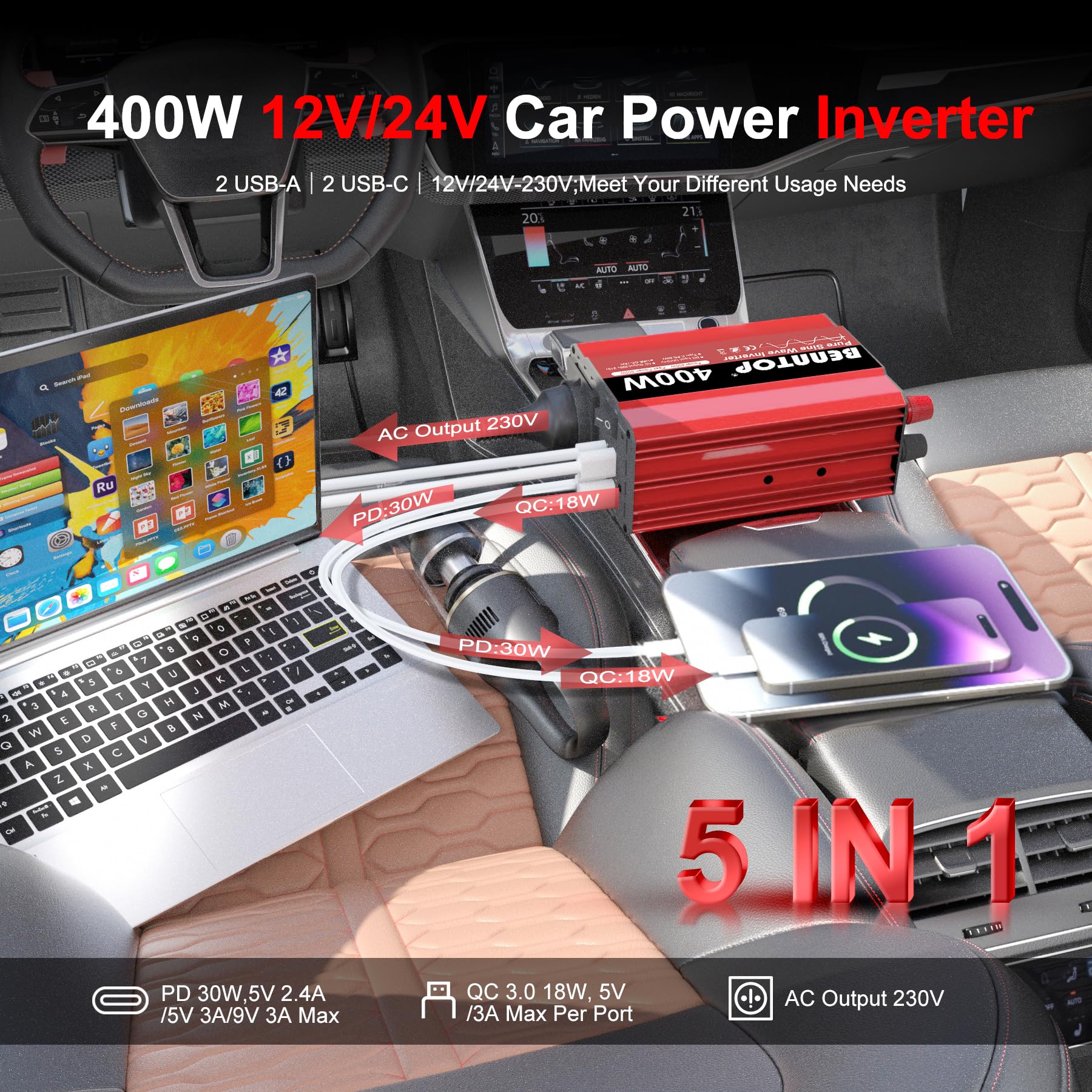 400W Convertisseur 12V/24V 230V Pur Sinus Camion Onduleur de Tension 5 in 1 Transformateur avec 4 USB Port Type - A/C, Allume-Cigare & 1 Prise EU pour Caravane, Bateau, Camping, Voyage