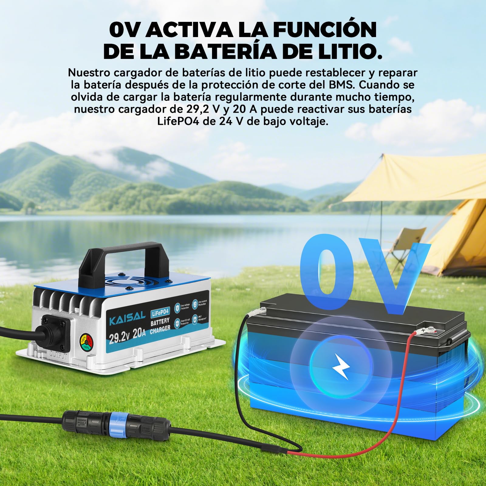 KAISAL 29.2V 20A Cargador de Bateria Litio, Cargador de Baterías LiFePO4 para 24V(25.6V) Batería Litio, Impermeable IP67, 24V Cargador Inteligente para Carrito de Golf, Autocaravanas, Barcos, Solar