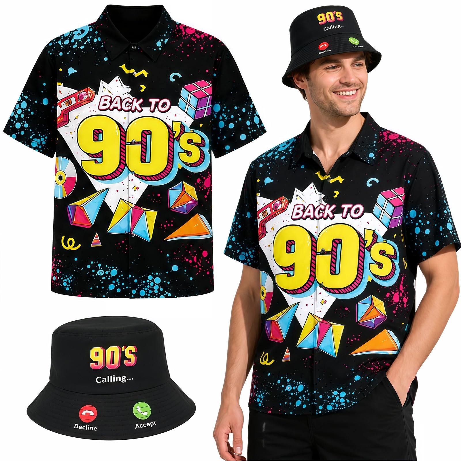 Maazusa 80s 90s outfits Retro Fancy Dress 2Pcs Hip Hop Disco Adults Costume with Vintage Beach T Shirts Hat, Black 80s 90s Disco Tracksuit for Halloween Vintage Party Music Festivals (90s – Black, M)