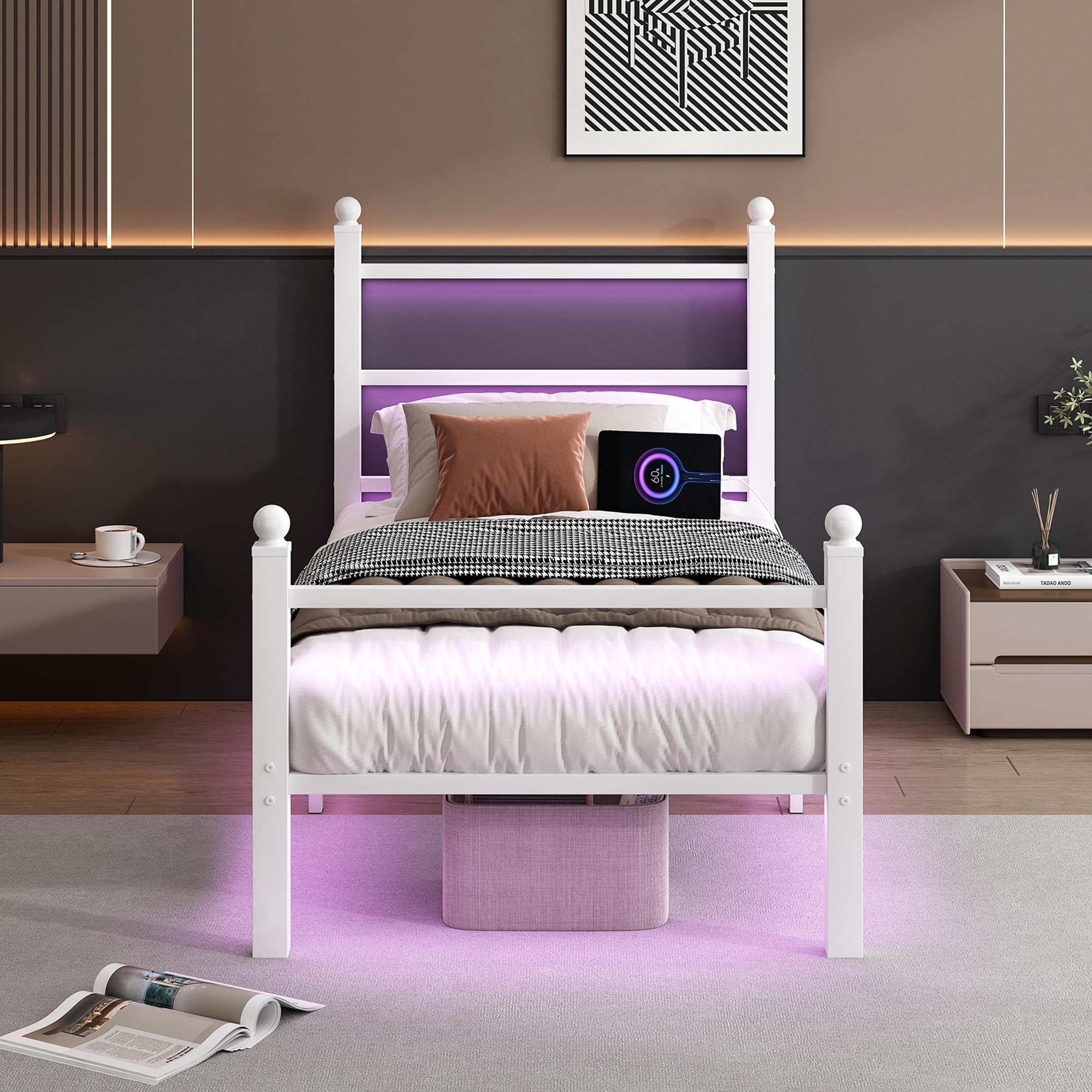 Photo 1 of **MISSING PARTS   CLIBFENG Twin Bed Frame with Headboard and Footboard,Steel Slats Support-LED Bed Frame with USB Charging Station,Mattress Foundation-Under Bed Storage,No Box Spring Needed,Noise Free,White