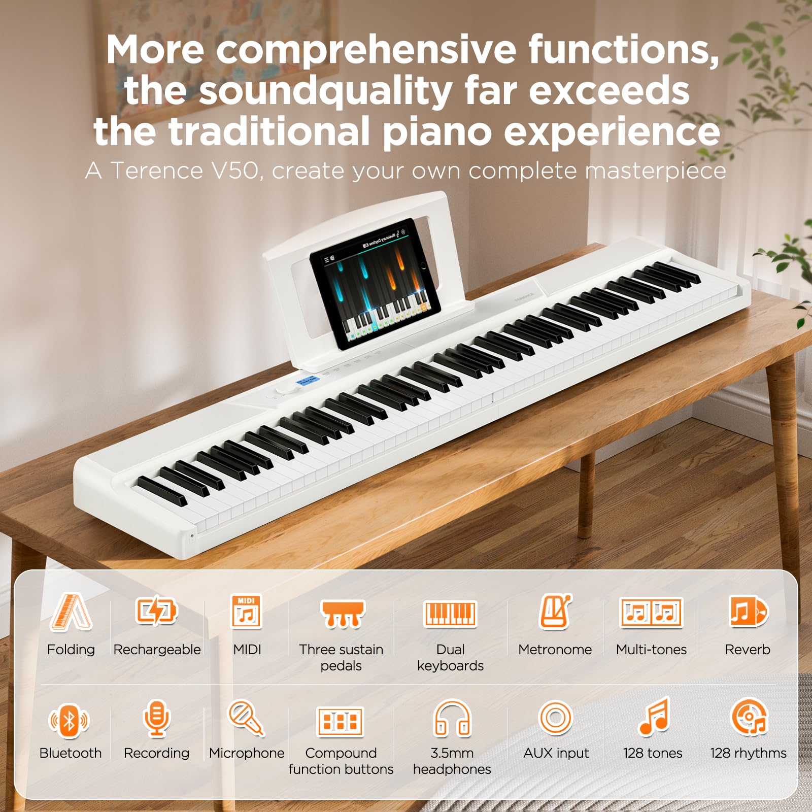 TERENCE Piano numérique 88 touches - 30 W - Haut-parleur AR - Système audio - Piano électronique pliable - 4 effets de réverbération - Capteur miroir - Interfaces MIDI
