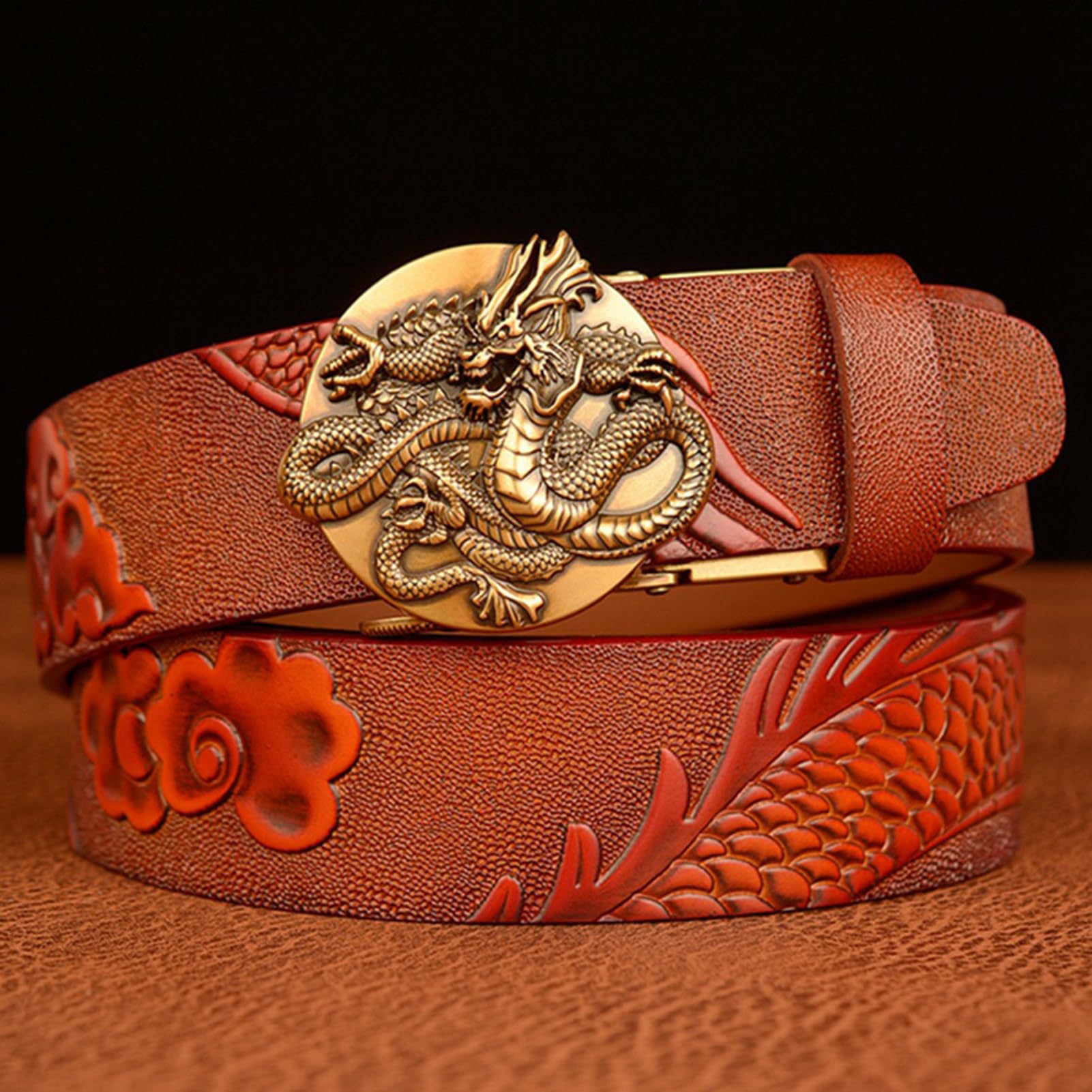 Cinturón De Piel Con Trinquete: Diseño Moderno Dragón Grabado, Hebilla Deslizante Automática Ajustable, Estilo Informal Vaca
