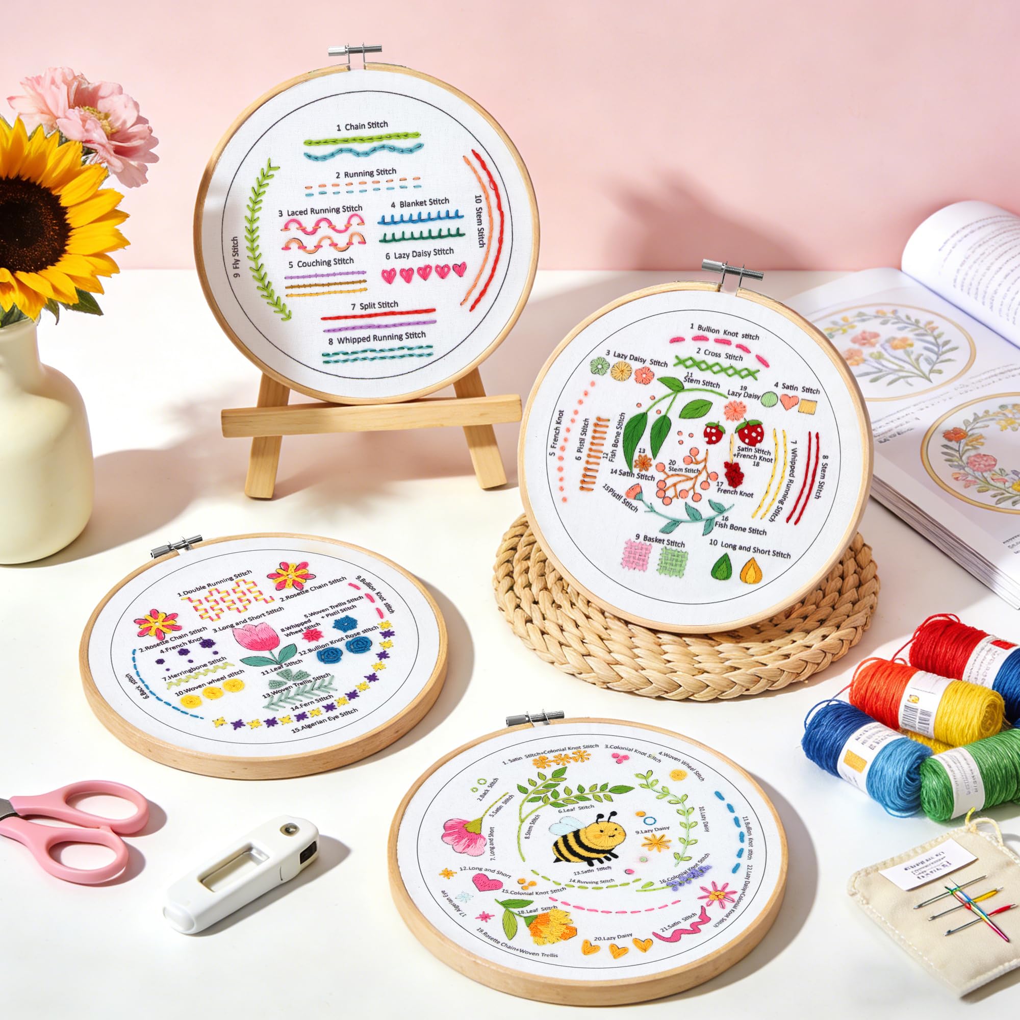 MAKEASY Set da Ricamo, Kit di Base per Ricamo, Include 33 Punti, Telaio per Ricamo in Bambù e Tutorial Video, Strumenti per Punto Croce per Adulti Principianti