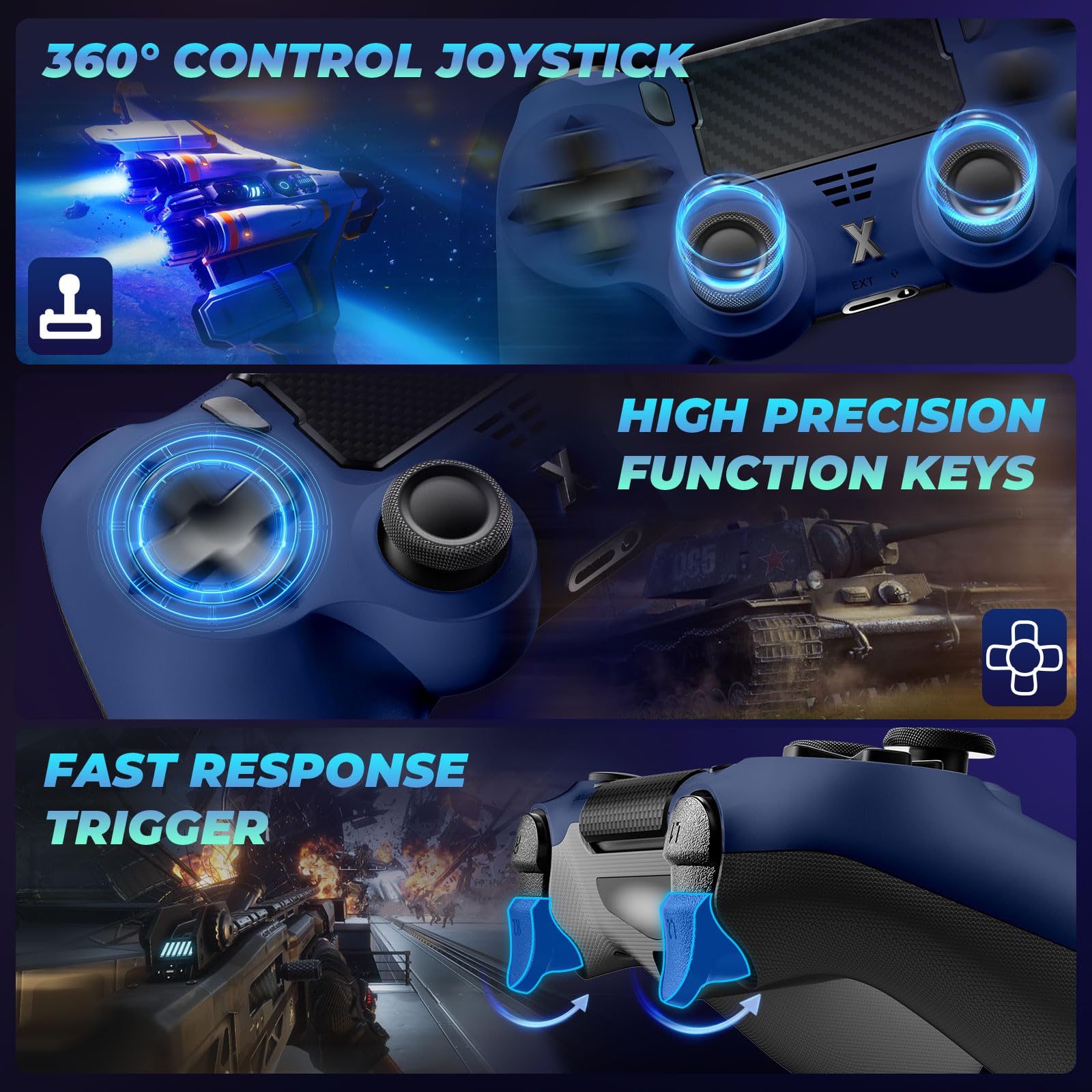 Suoxiom Wireless Controller for PS4, Game Controller for P4/Slim/Pro/PC, Bluetooth Gamepad Joystick with Vibration Touch Panel, Upgraded Six-Axis Sensor, 3.5mm Audio Jack(Midnight Blue) - 4