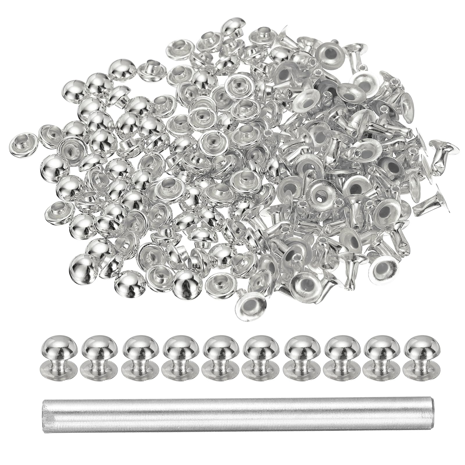 sourcing map 100pcs Round Dome Leather Rivets 6mm Leather Rivets Rapid Punk Spikes Leathercraft Decoration with Hole Punch for Rock Nailheads Clothing Belts Bags Shoes, Silver