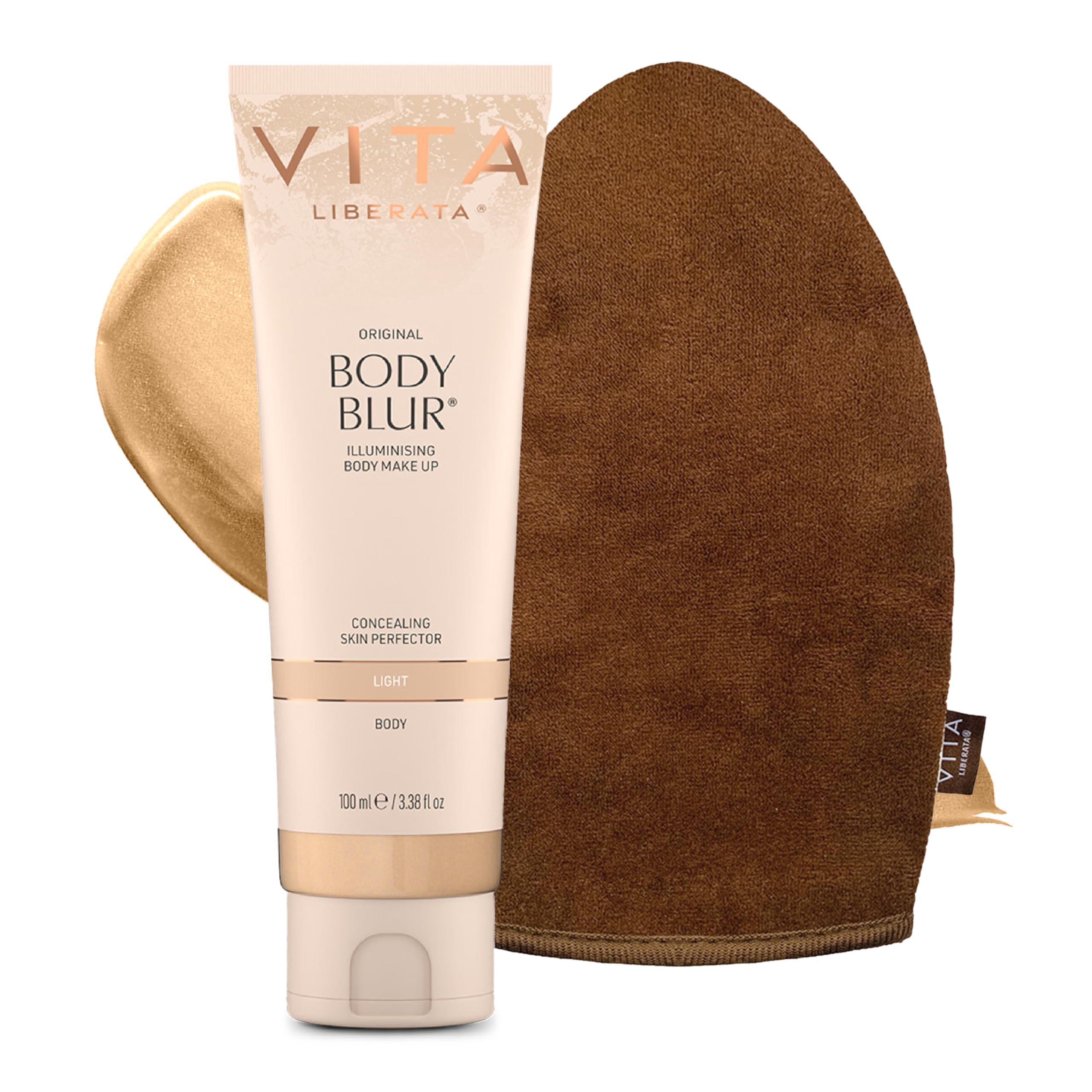 Body Blur Light 100ml & Mitt Bundle, Leg & Body Makeup, Skin Perfector, Wash Off Instant Tan, Streak Free Application Blending Brush, Water resistant, Disguise Imperfections