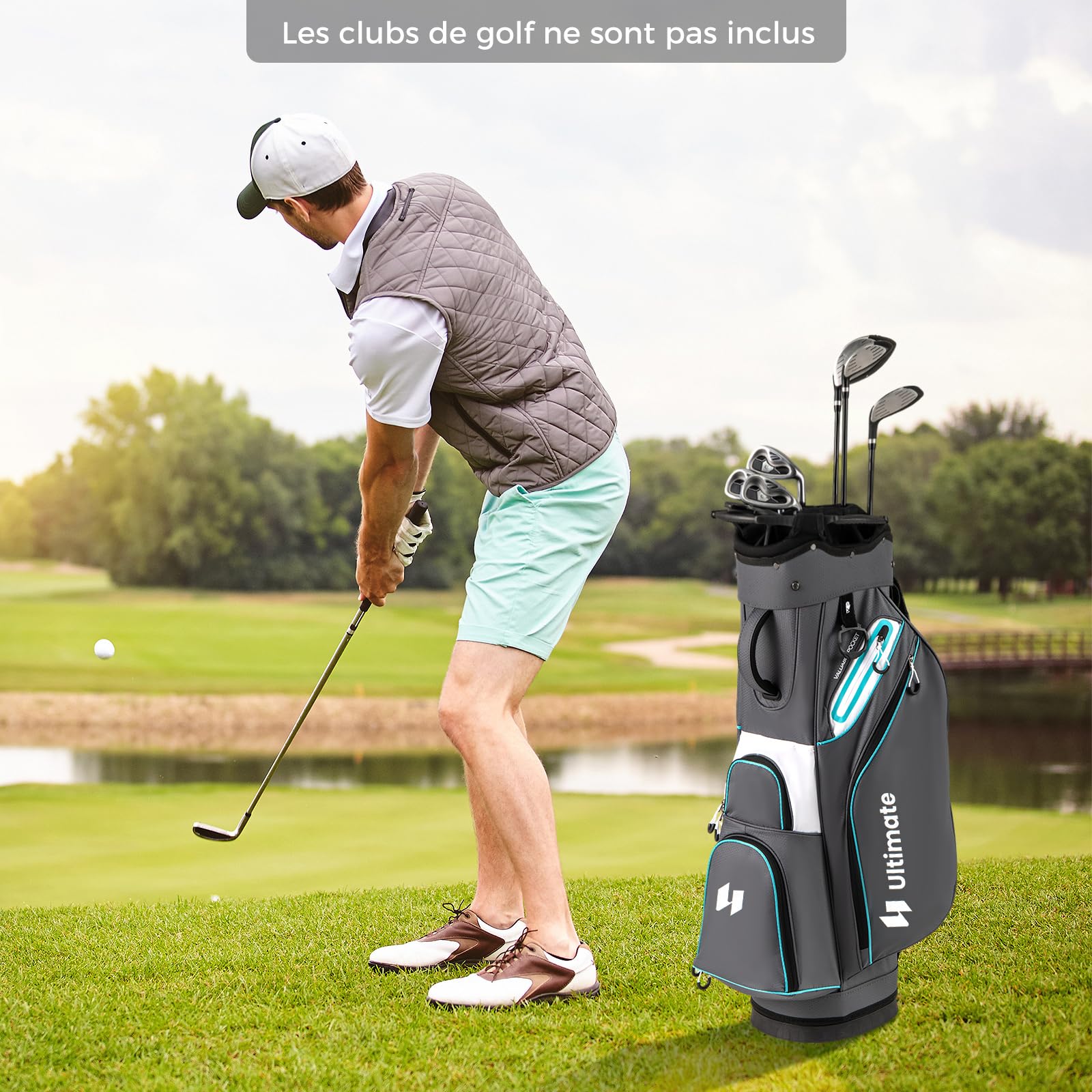 COSTWAY Sac de Golf avec 14 Compartiments sur Le Dessus, Sac de Rangement Portable pour Club de Golf avec Poche Isotherme Bandoulière Réglable Housse de Pluie et Porte-Parapluie