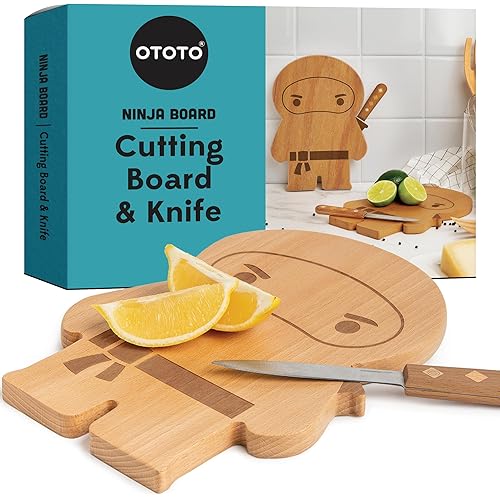 OTOTO Cutting Board Wooden & Plastic Cutting Boards for Kitchen, Fun & Spooky Kitchen Gadgets, Housewarming & Goth Gifts, Dishwasher Safe (Ninja, Wood)