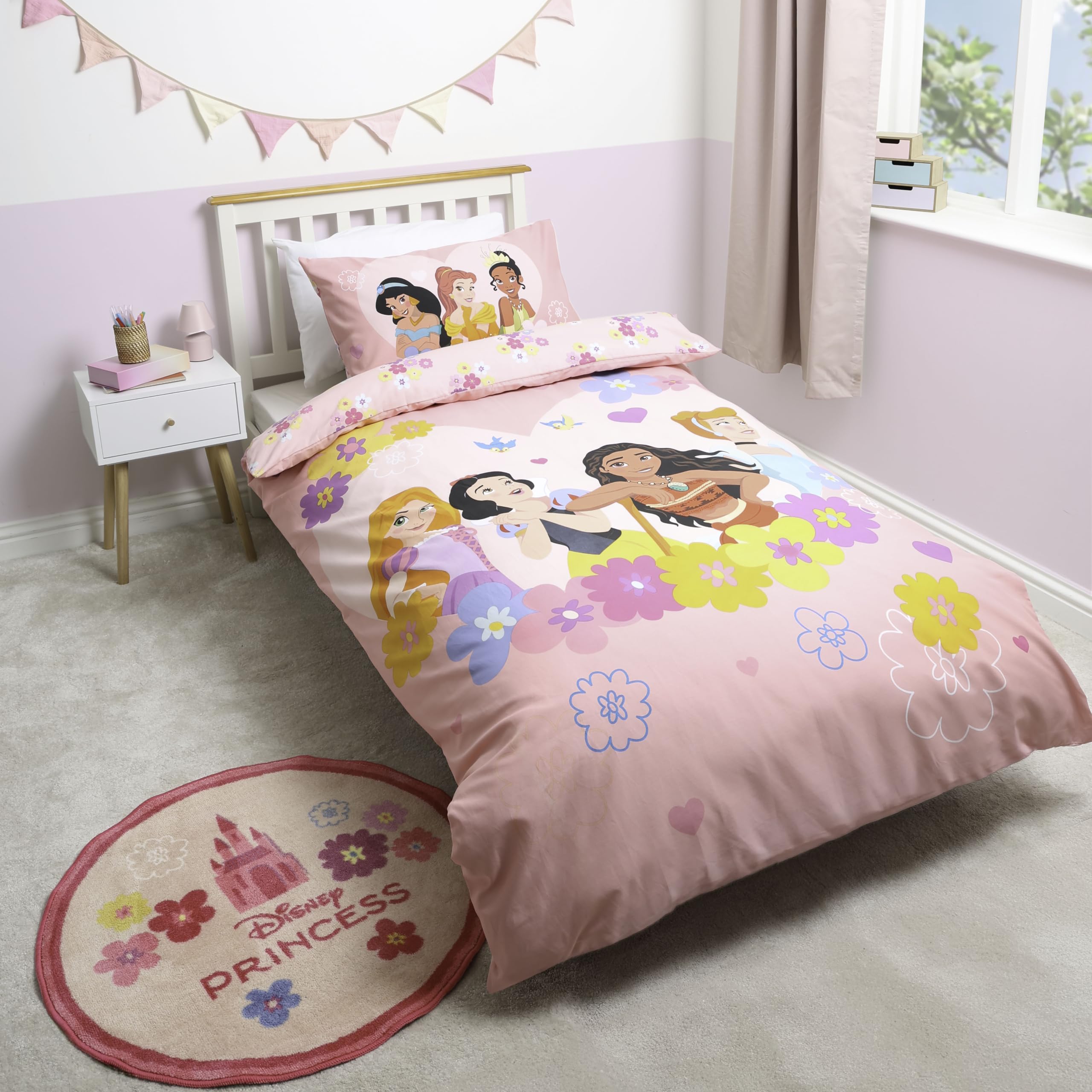 Disney Juego de Funda nórdica Individual con Licencia Oficial Princess | Diseño «Flower Power», Ropa de Cama Reversible por Ambos Lados Que Incluye Funda de Almohada a Juego