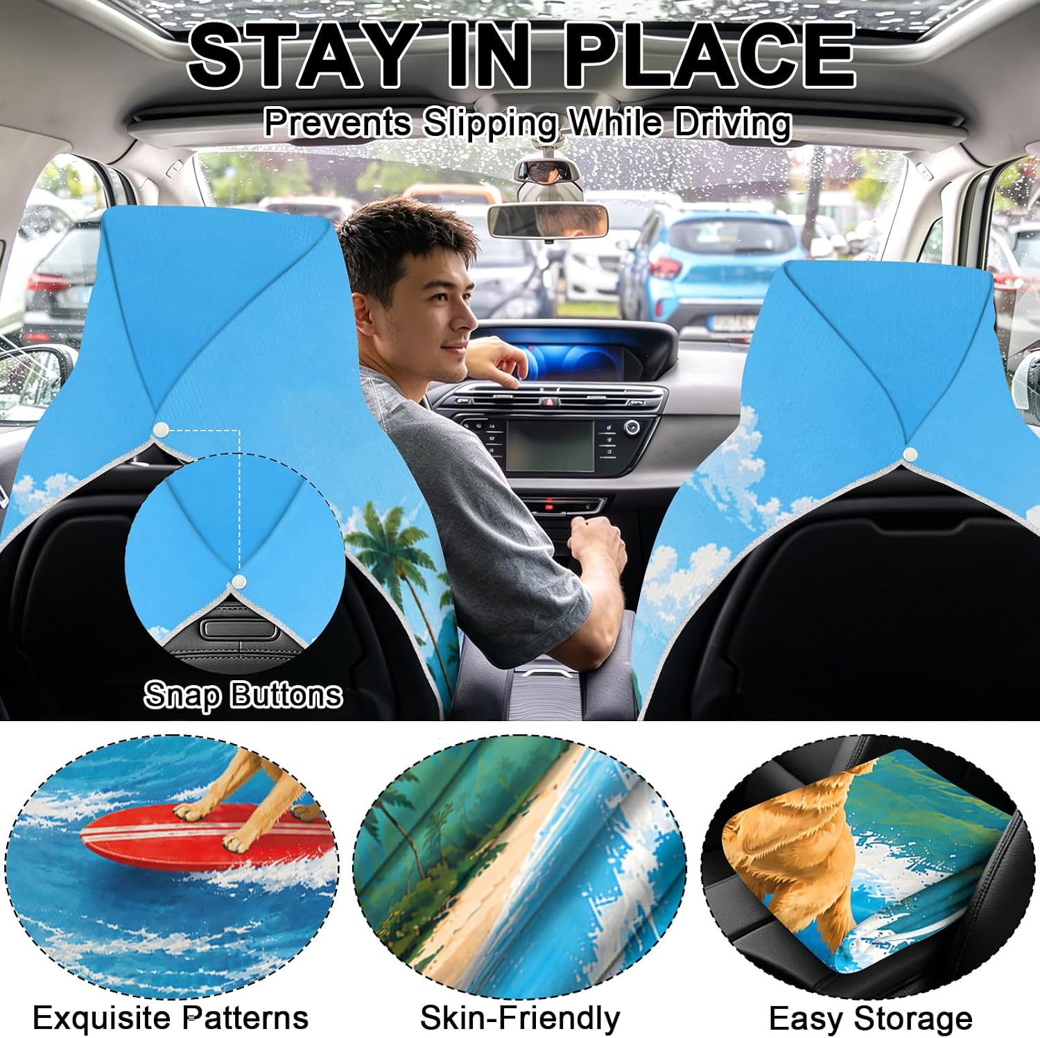 2 Pack Car Towels Seat Cover with Storage Bag, Multifunctional Microfiber Towel for Gym Outdoor Sport Running,Picnic, Beach, Pet Dog Travel,Fits Car SUV Truck (Surfing Golden Retriever) image 4