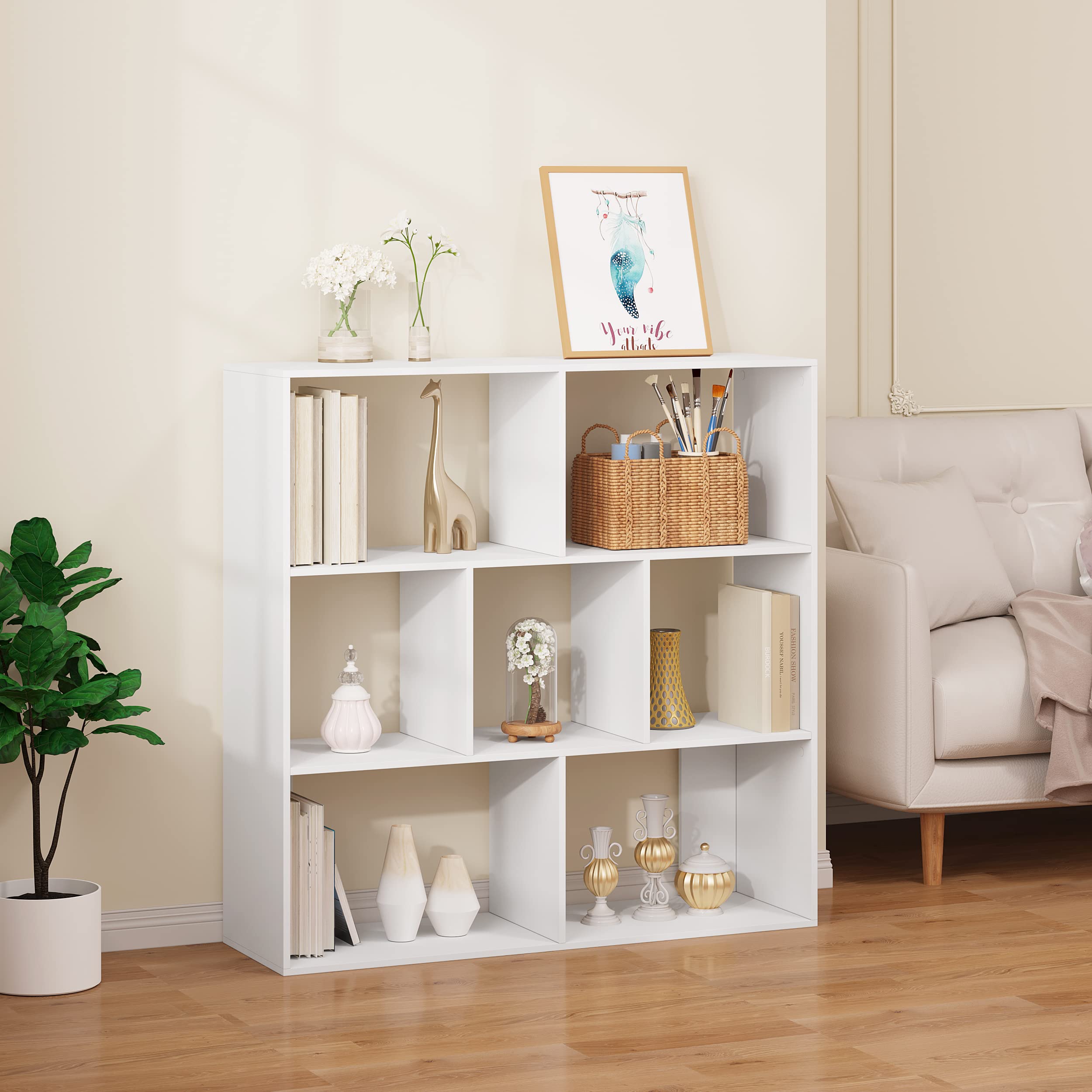 eSituro Librería de Madera, Estantería Libros de 3 Niveles | 7 Estantes Modulares de 2 Tamaños, para Salón, Oficina, Dormitorio, Estudio, Blanco, 100x100x30 cm, SBKC0042