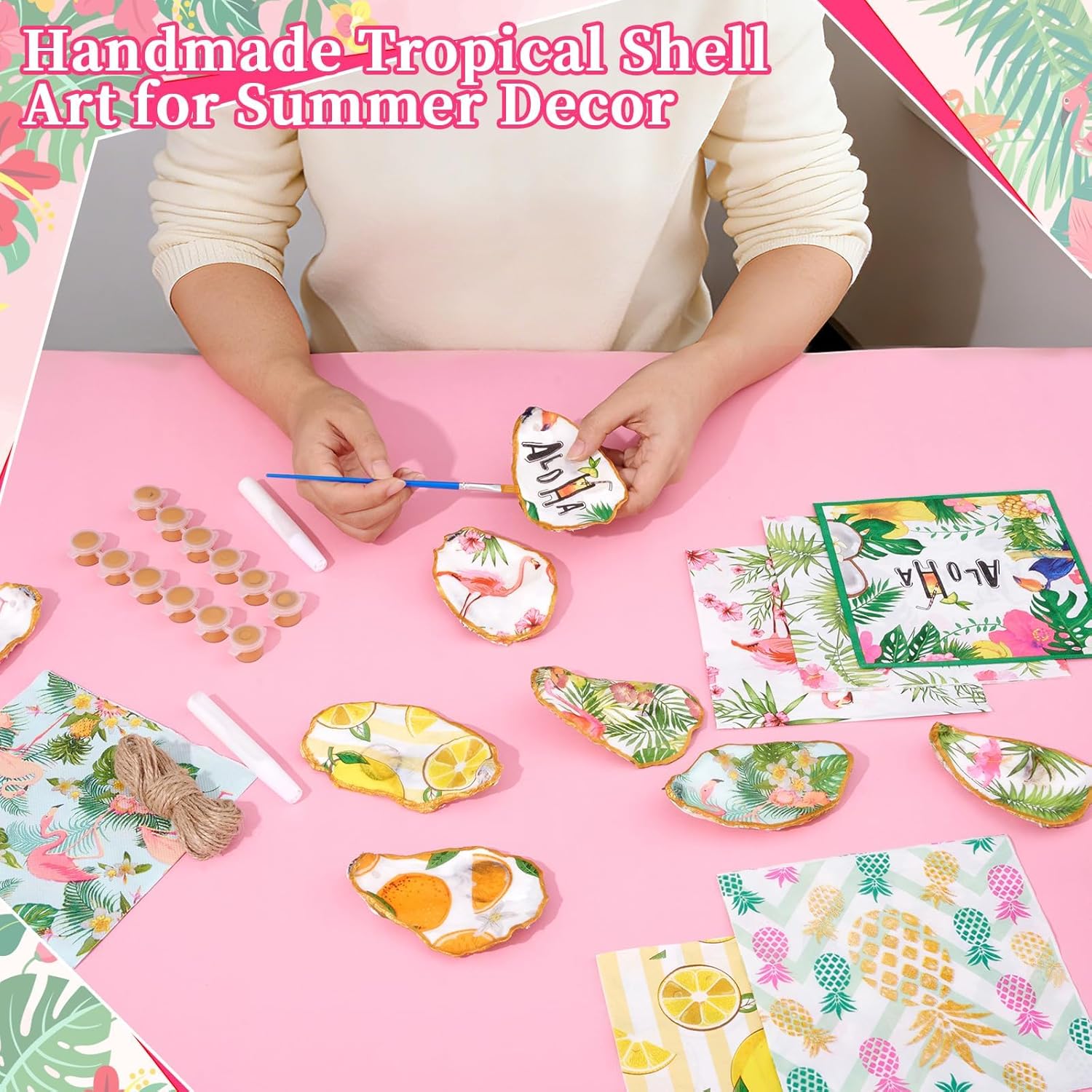 APUDWN 16 Set DIY Natural Oyster Shell Decoupage Kit Hawaiian Crafts 4-5" Large Shells Drilled with Napkins Paints Brushes for Crafts Coastal Beach Art Hanging Ornament Making Adult Hobby Gifts