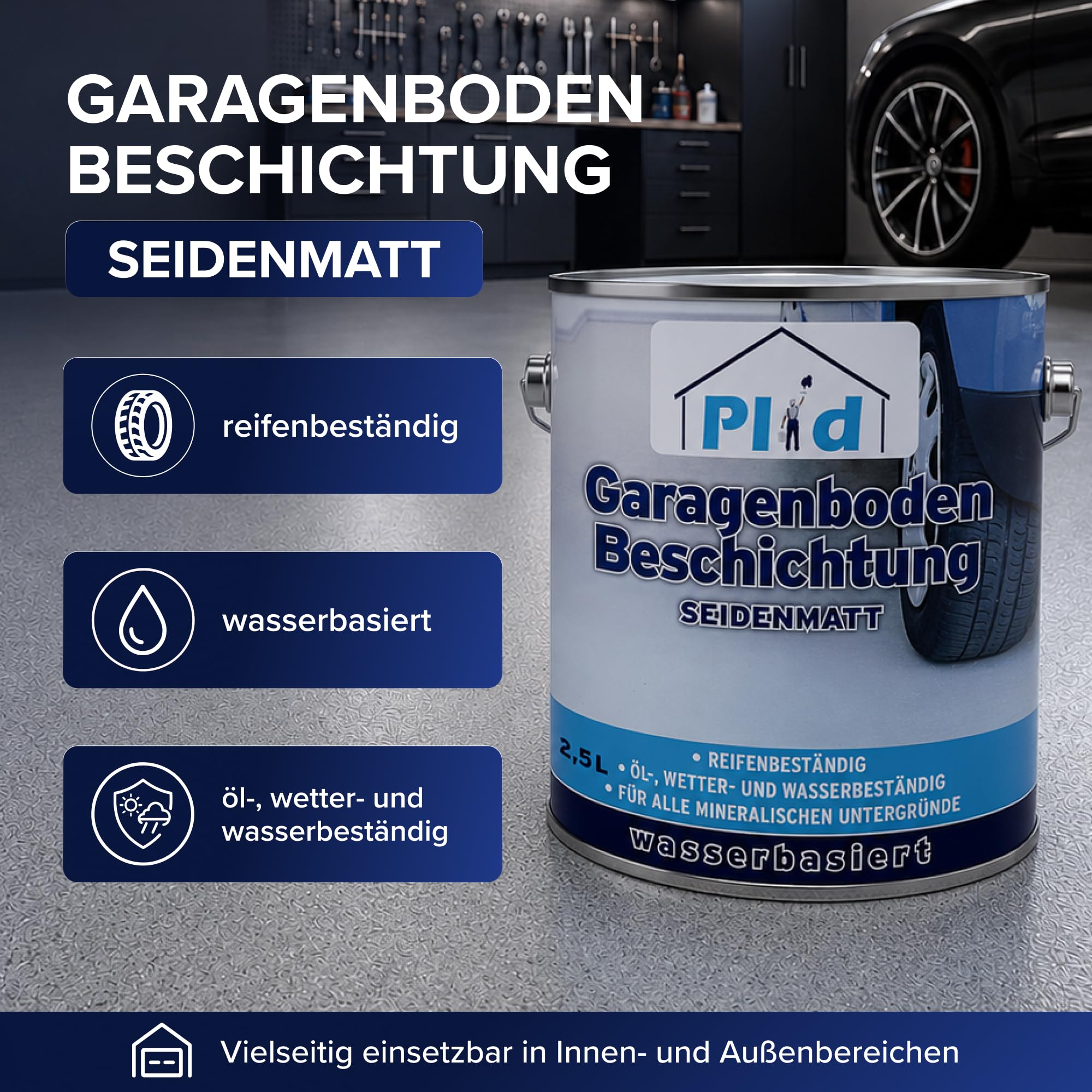 Plid Garagenbodenbeschichtung Silbergrau 5 L + Lackierset | ca. 36 m² | Betonfarbe, Garagenbodenfarbe | Lackierset | Innen & Außen | Wasser- & Ölbeständig | Abriebfest | Made in Germany