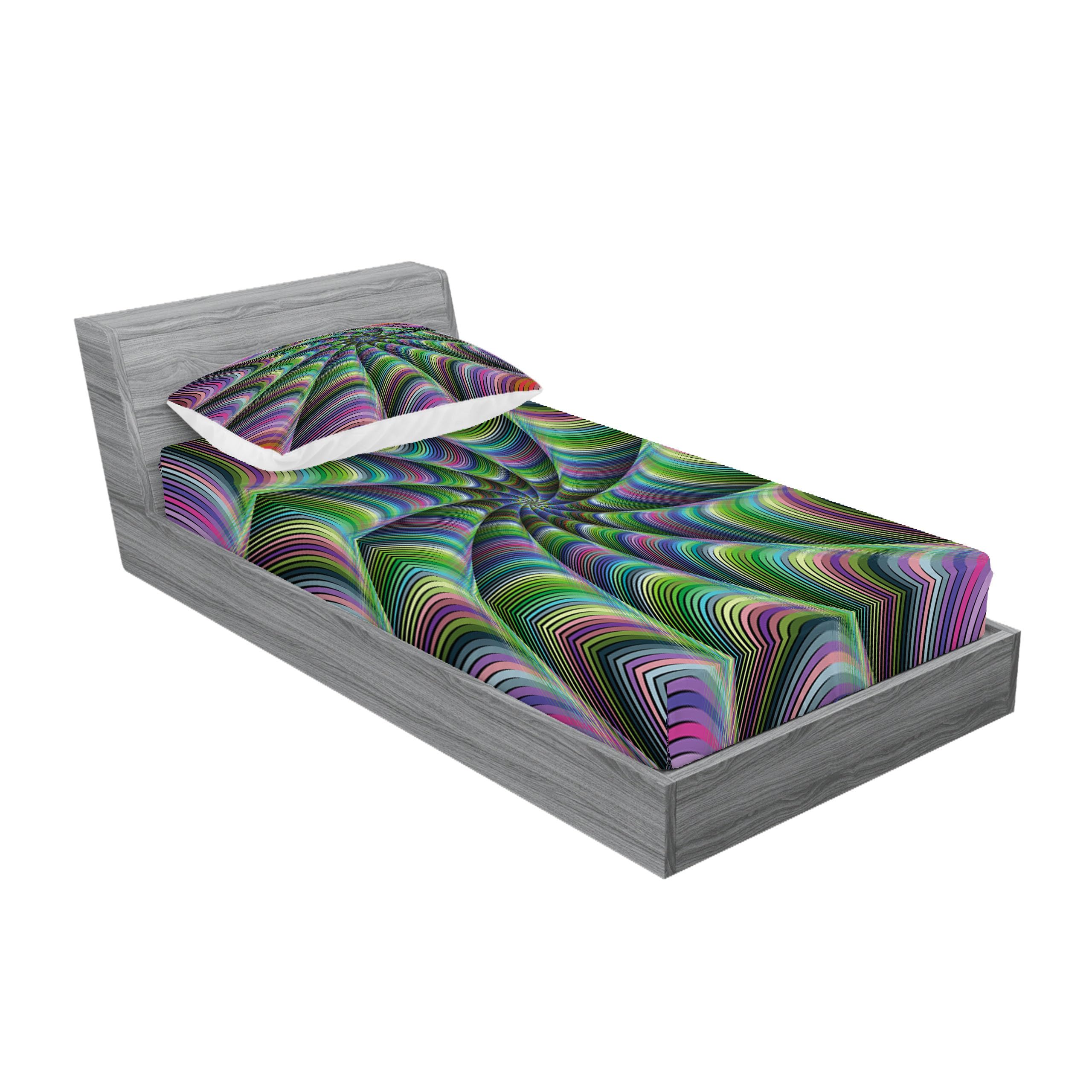 Ambesonne Fractal Fitted Sheet & Pillow Sham Set, Psychedelic Tentacles Converging into Flower Form Infinity Spinning Focus Design, Decorative Printed 2 Piece Bedding Decor Set, Twinxl, Green Purple