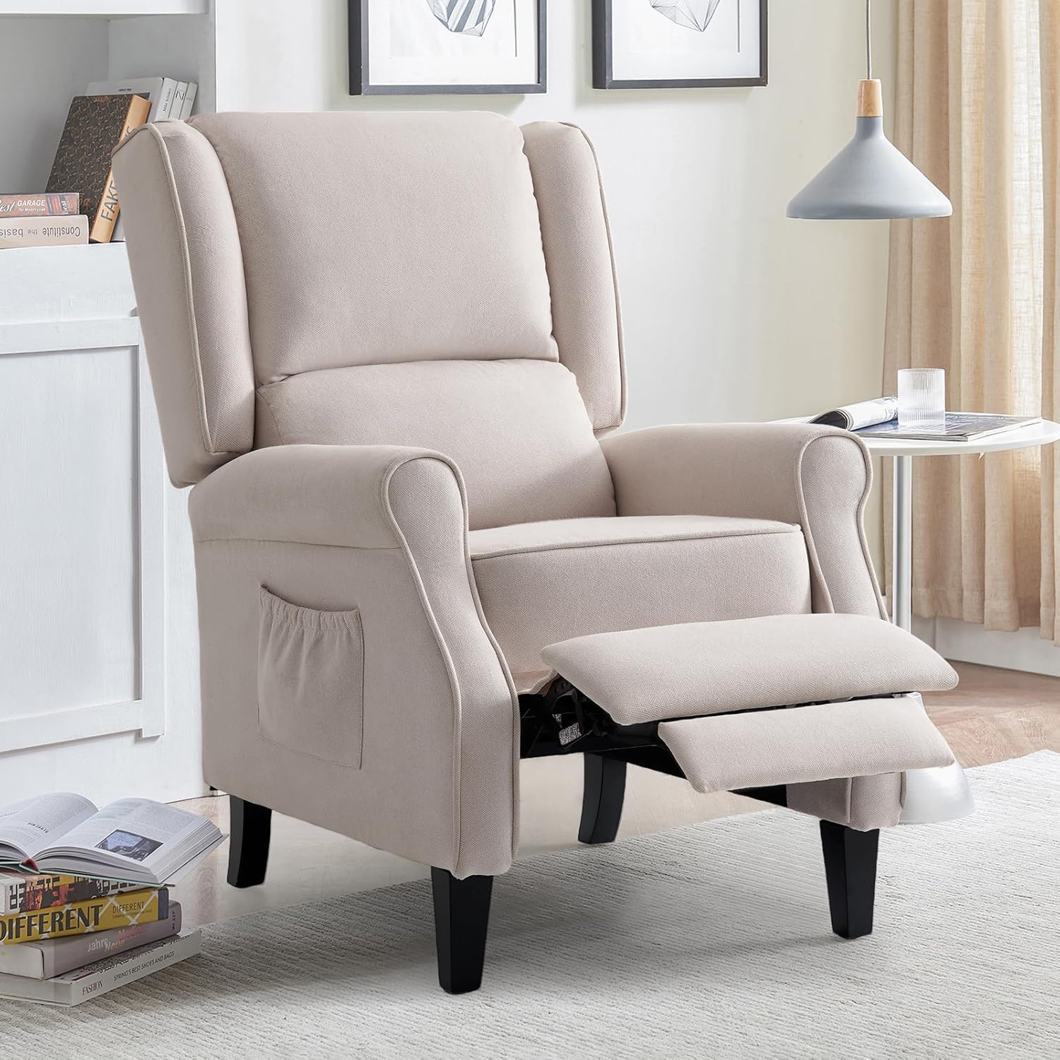 Wingback PushBack Recliner Chair with Massage& Heating, Wing Back Chairs with Arms, Adjustable Modern Single Reclining for Living Room/Bedroom, Linen Fabric, Ultra Thick Cushions (Beige)