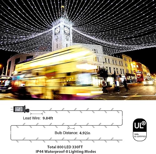 Miniatura 3 de ZHOUDUIDUI Guirnalda de luces de Navidad para exteriores, 800 luces LED de 330 pies, luces blancas de hadas de 8 modos de enchufe, impermeables,