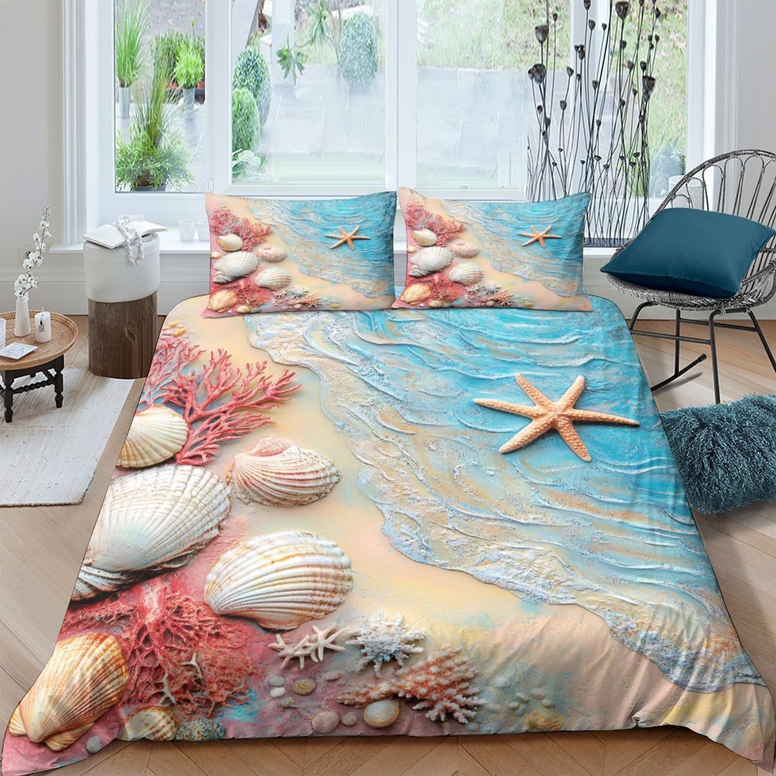 Ctjqhvkz Style-4 3D Printed Beach Seashell Fitted Sheet Microfiber Soft Sand Starfish Mattress Cover For Bedroom Guest Room Decor Single（135X200cm）