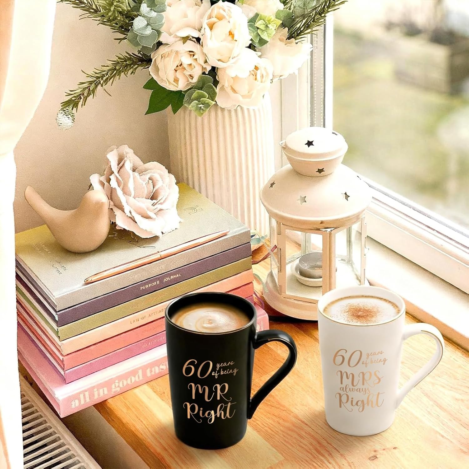 YHRJWN 60th Wedding Gifts, 60 Years of Being Mr & Mrs Always Right Mug Set 14Oz with Lids Spoons and Gift Box, Christmas Anniversary Presents for Parents Couple - Image 4