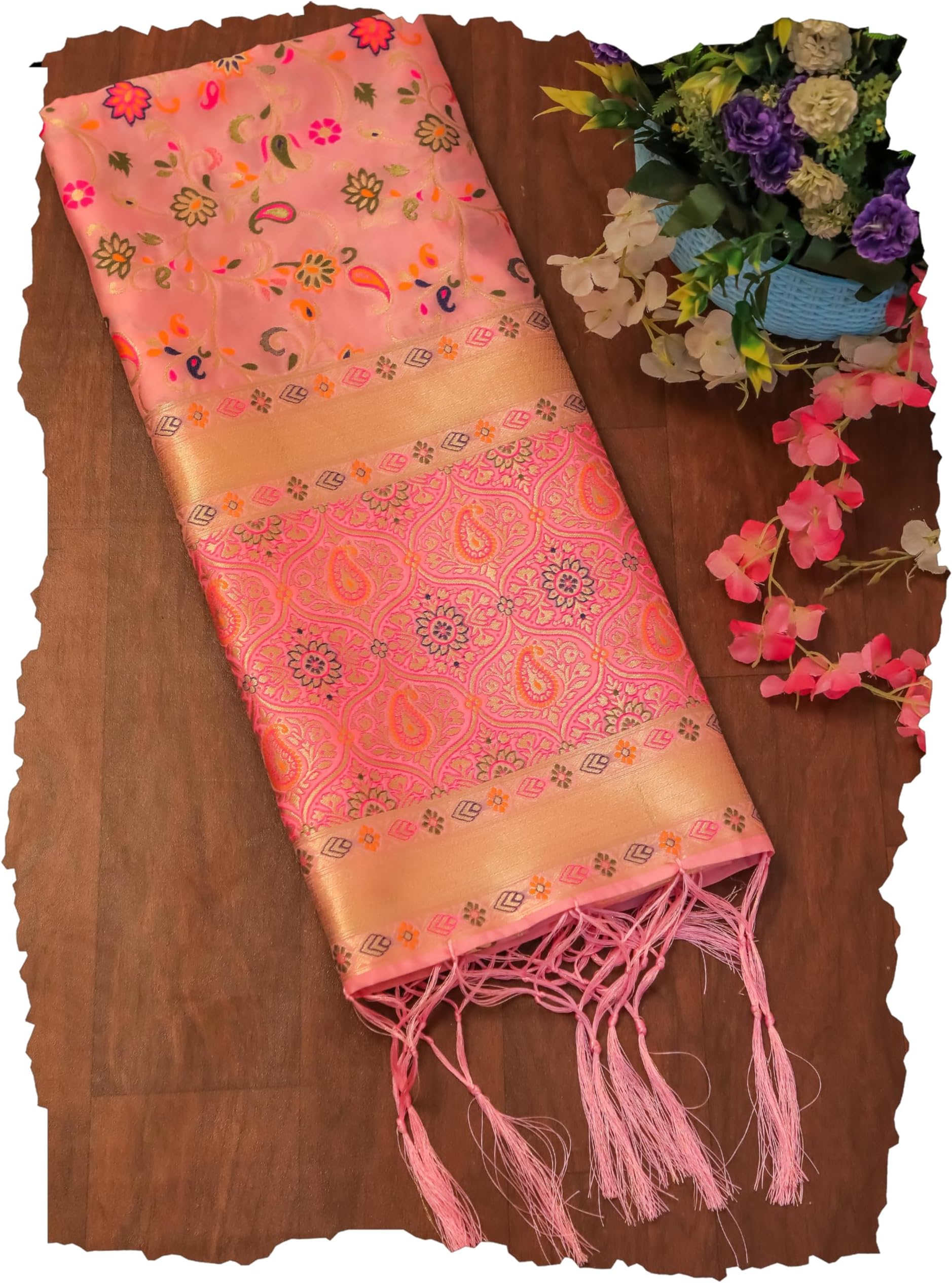 DEVANGI Women's Woven Banarasi Kashmiri Silk Jacquard Dupatta/Chunni with Meena Work, Width 1 Meter, Length 2.5 Meter (OM-DT-21-MAIN-F)