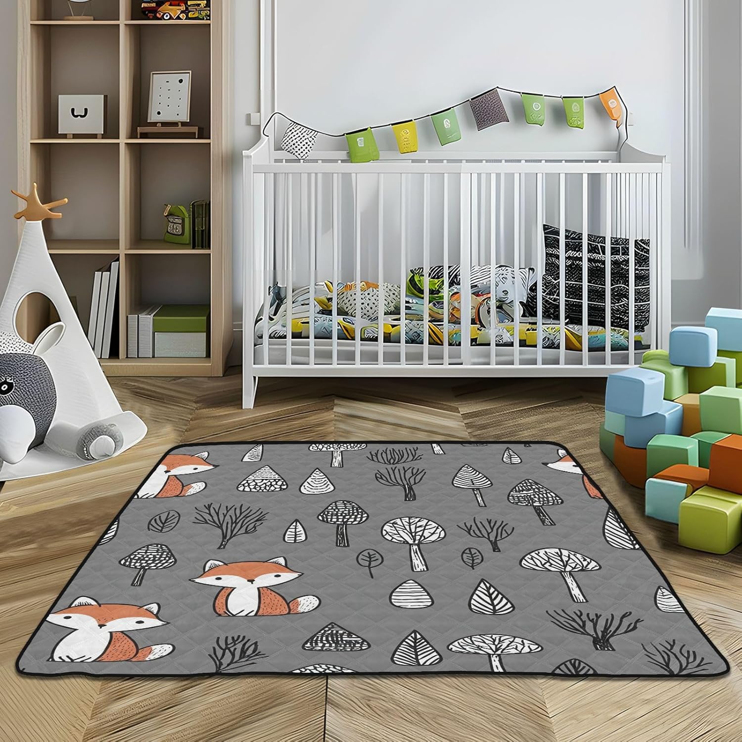 Doodle Cute Fox Baby Play Mat, 50“ X 50” Washable Folding Crawling Mat, Baby Floor Mat, Soft, Thick, Non-Slip