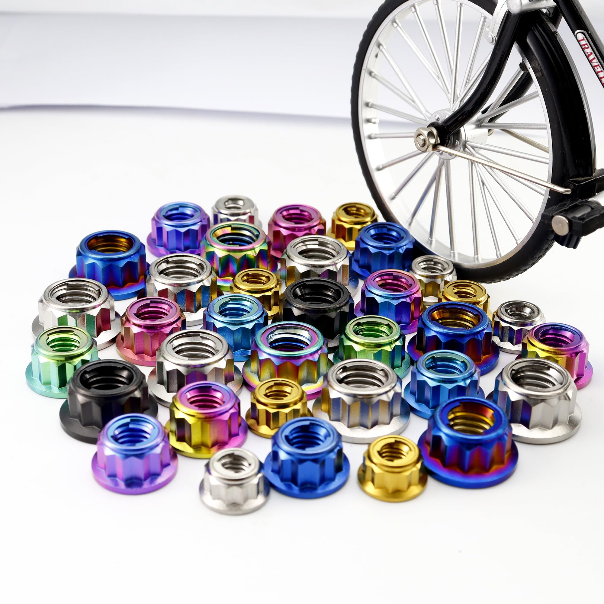 RISON-Titanium Écrous à Bride en Titane M8, Écrous Bi-hexagonal 12PT, Écrou Sécurité Autofreiné Avec Filetage, Écrou de Blocage avec Bride Contre-écrou de Pignon de Moto, 5 Unités