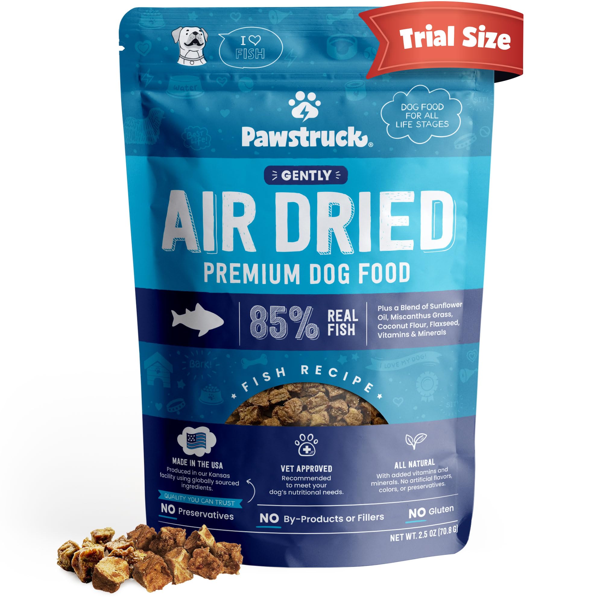 PawstruckAll Natural Air Dried Dog Food w/Real Fish - Grain Free, Made in USA, Non-GMO & Vet Recommended - High Protein Limited Ingredient Full-Feed - for All Breeds & Ages - 2.5oz Trial Bag